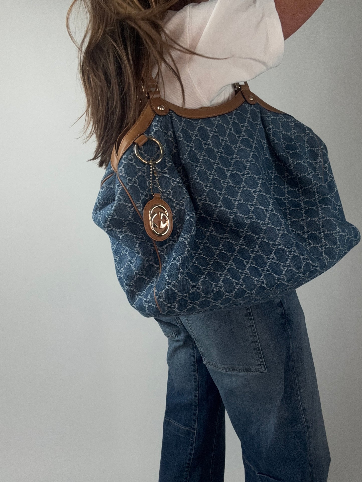 Gucci Denim Monogram Large Sukey Tote