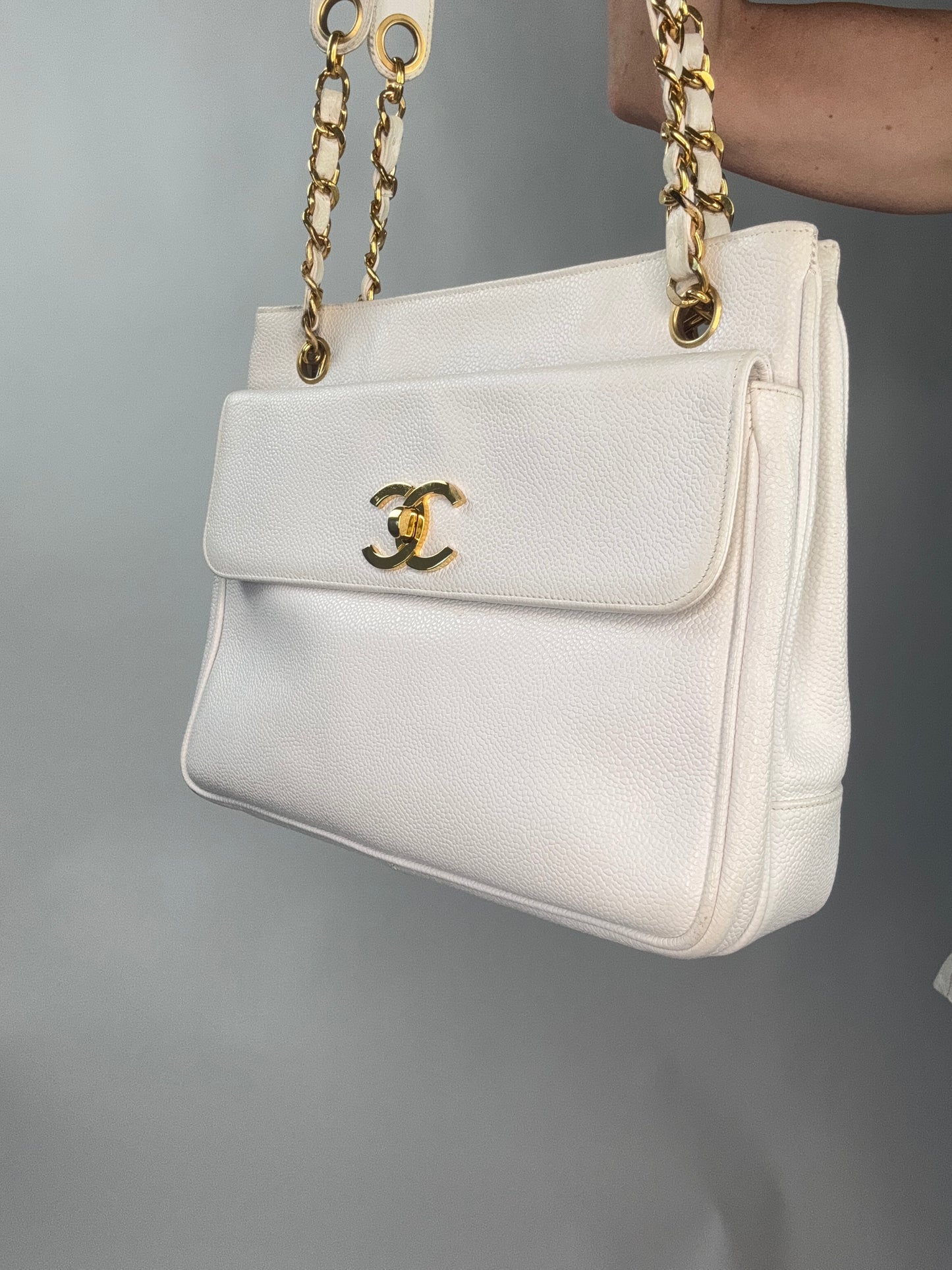 Chanel Rare Caviar Double Sided White Tote