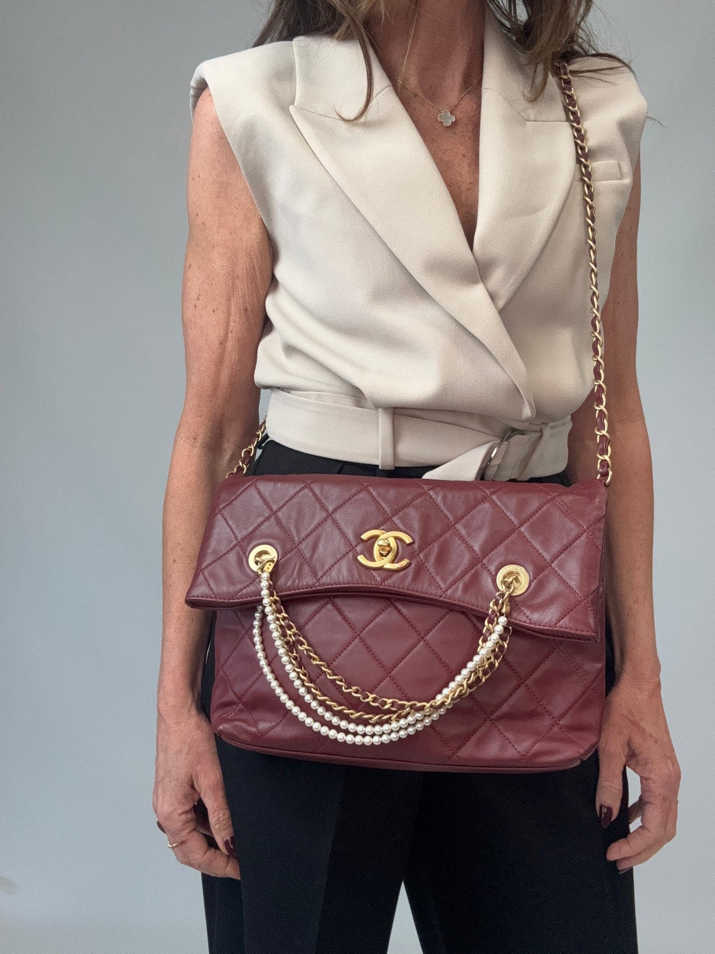 Chanel Fold-Over Shopping Tote Pearl Chain
