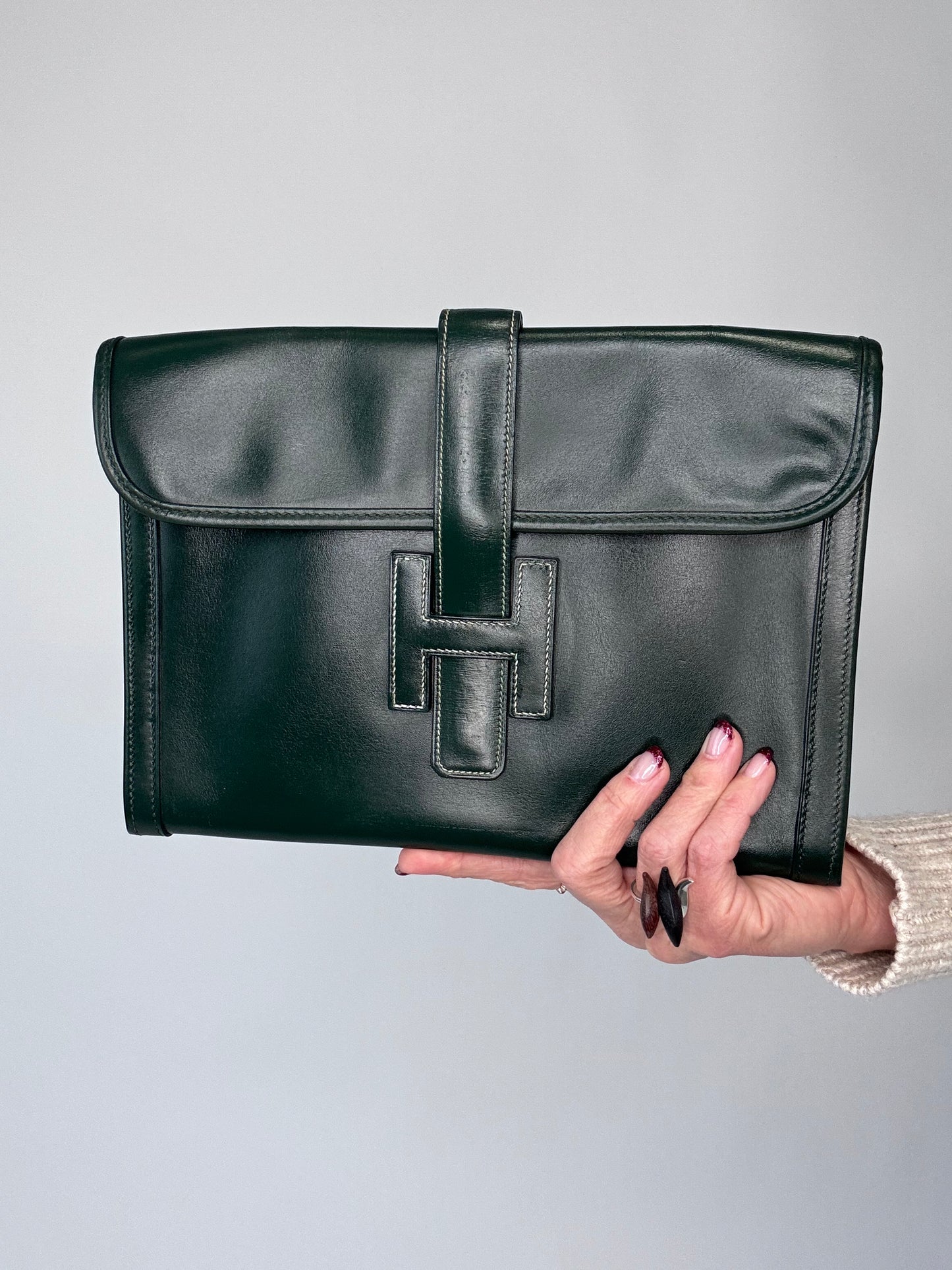 Hermes Jige PM Clutch Bag Dark Green Box Calf