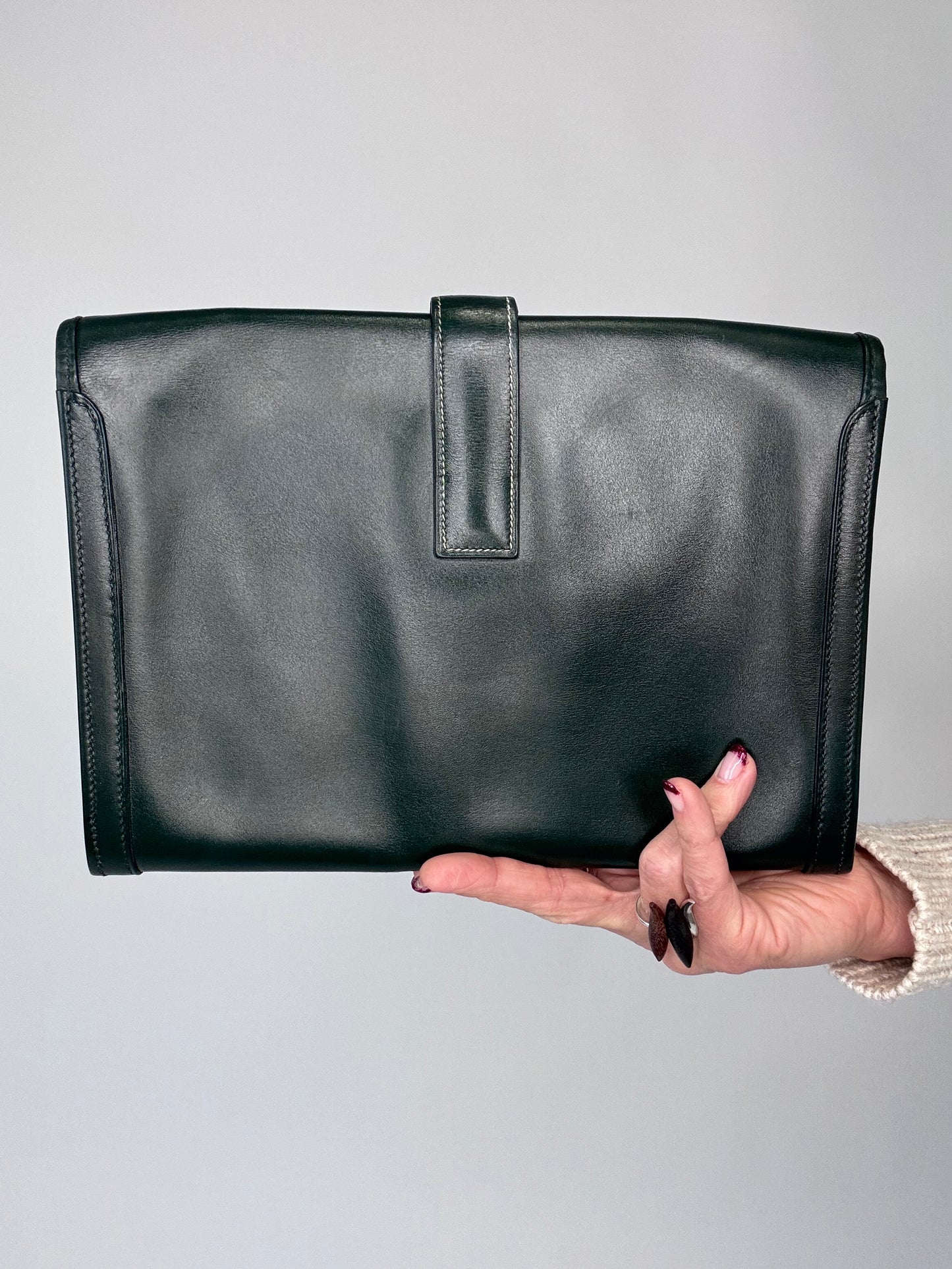 Hermes Jige PM Clutch Bag Dark Green Box Calf