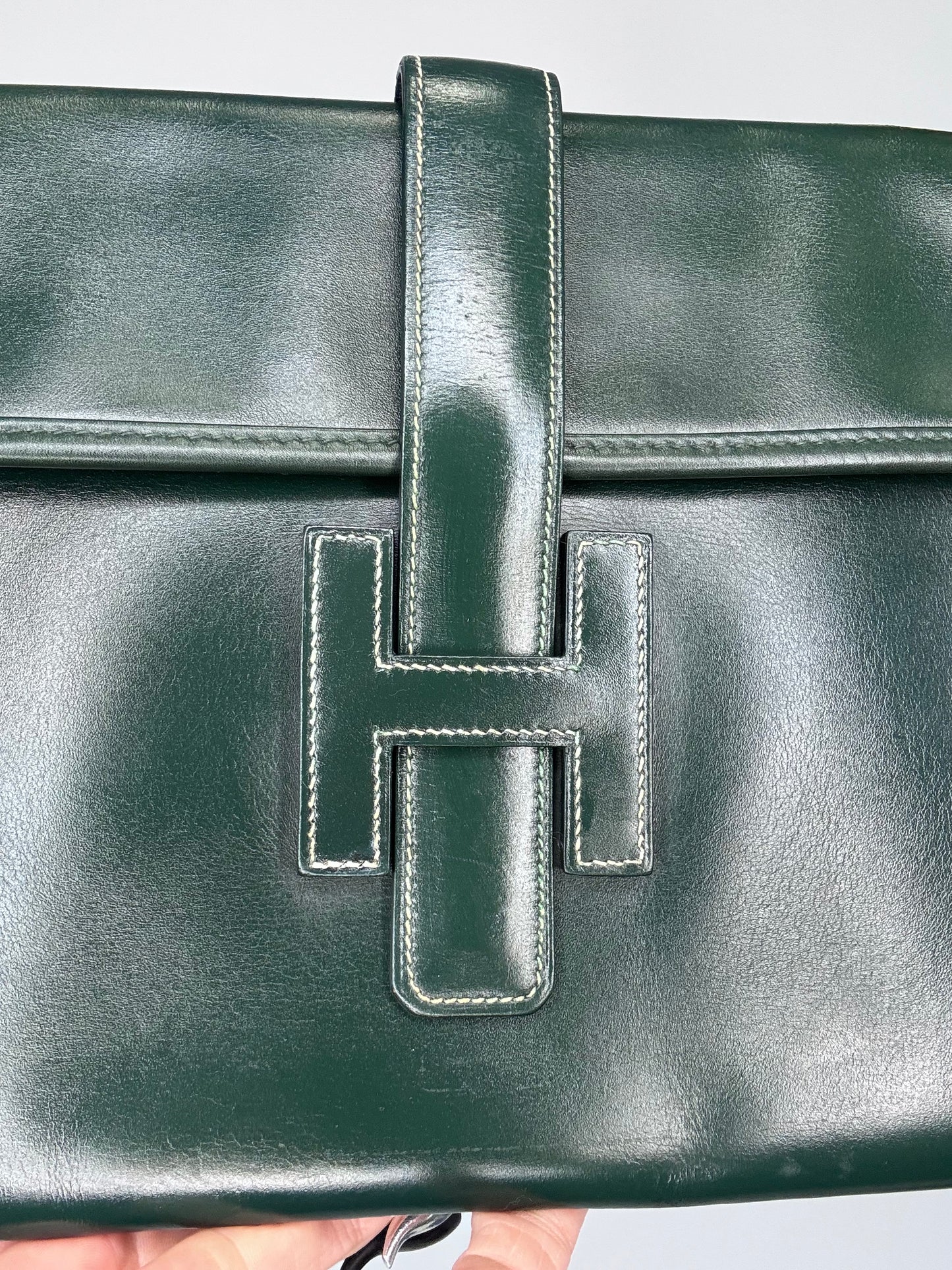 Hermes Jige PM Clutch Bag Dark Green Box Calf