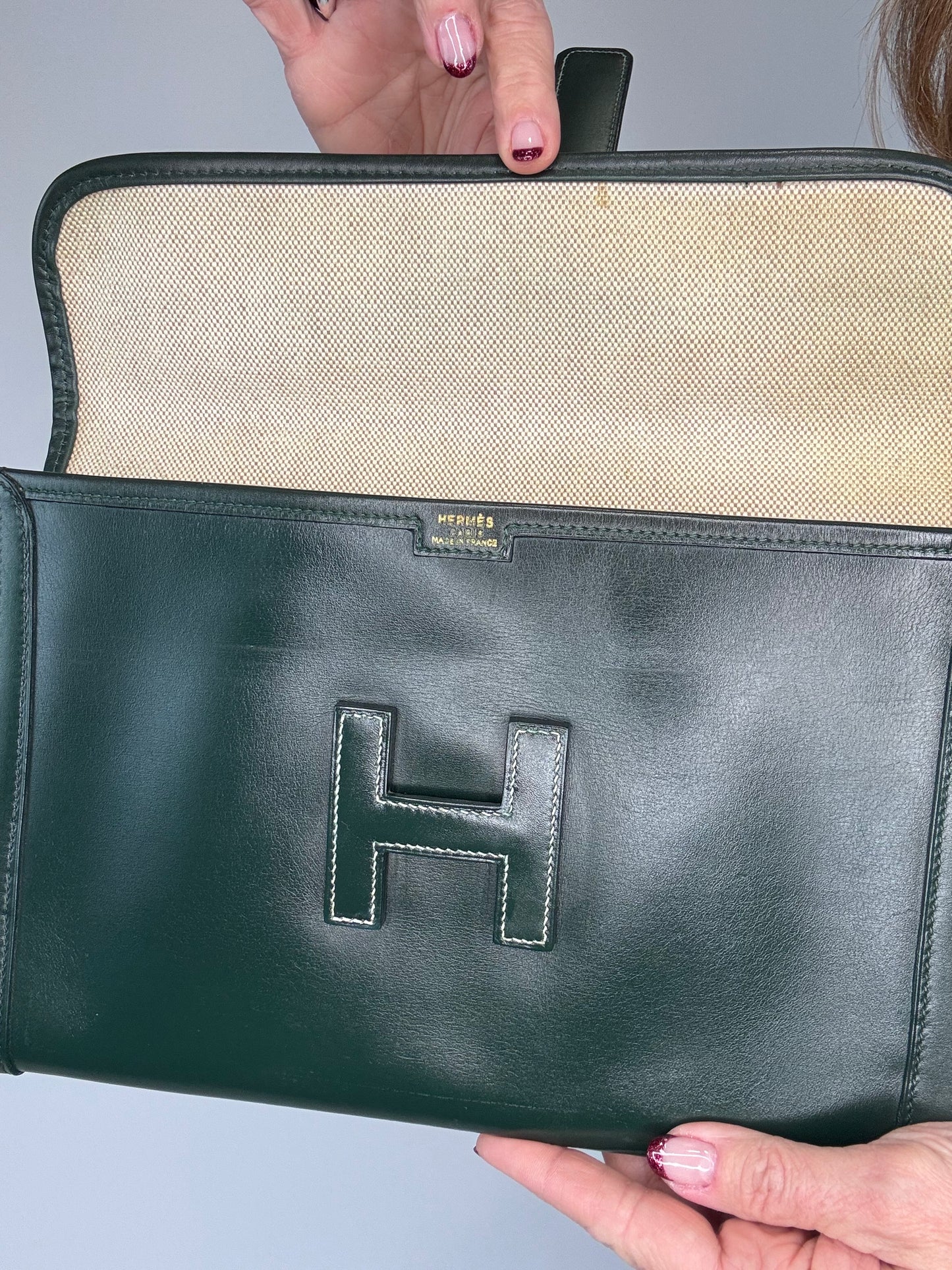 Hermes Jige PM Clutch Bag Dark Green Box Calf