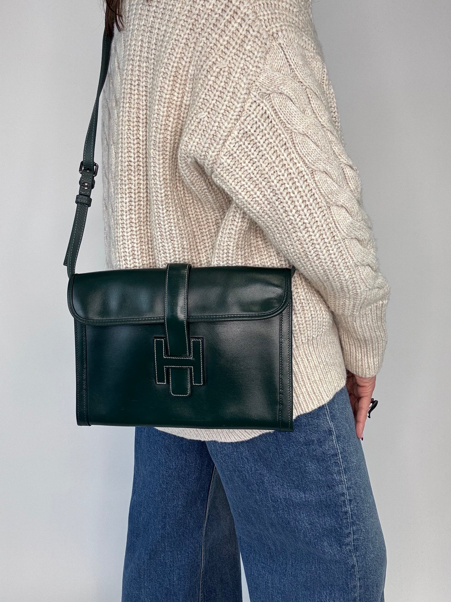 Hermes Jige PM Clutch Bag Dark Green Box Calf