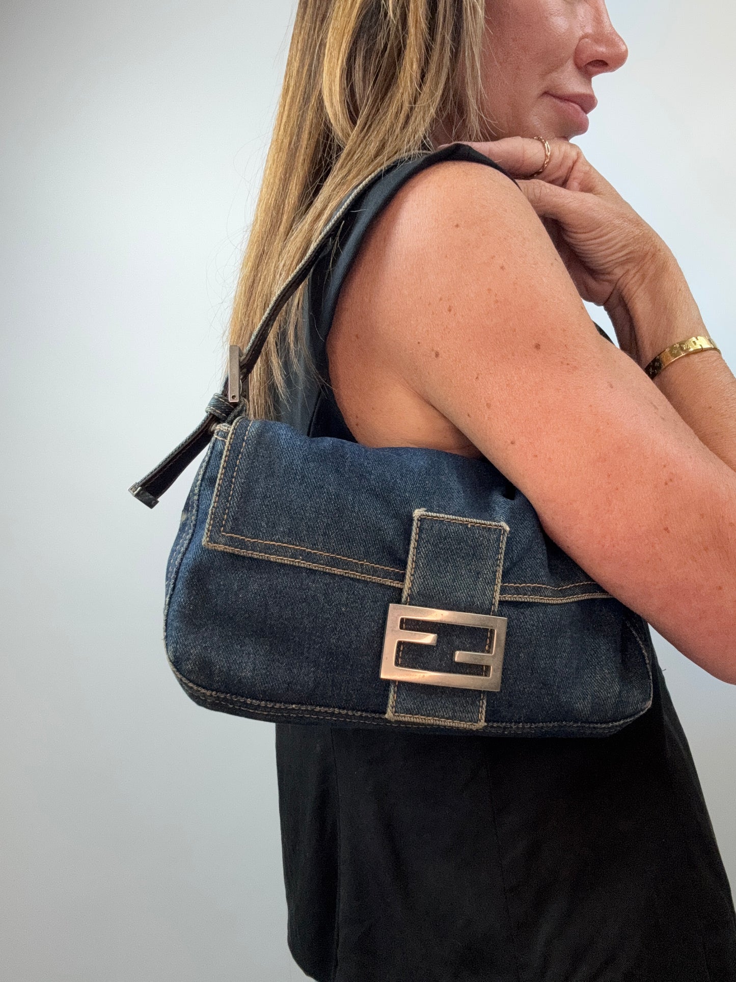 Fendi Vintage Denim Baguette Shoulder Bag — Dark Indigo
