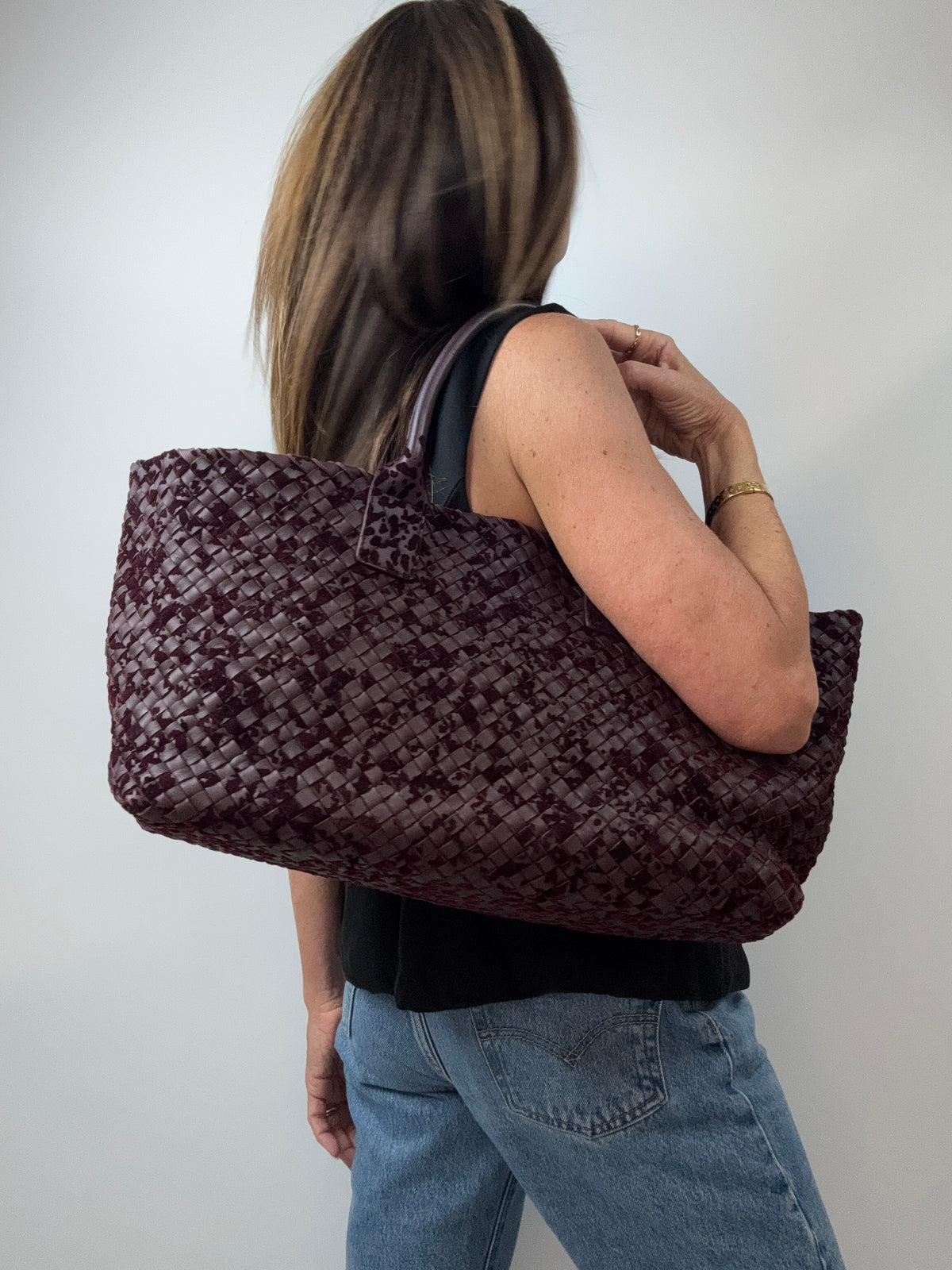 Bottega Veneta Cabat MM Intrecciato Leather & Velvet Tote — Burgundy