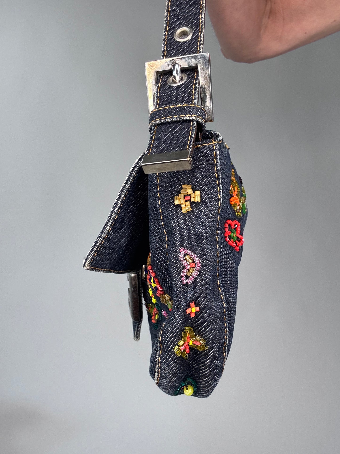 Fendi Floral Beaded Denim Baguette