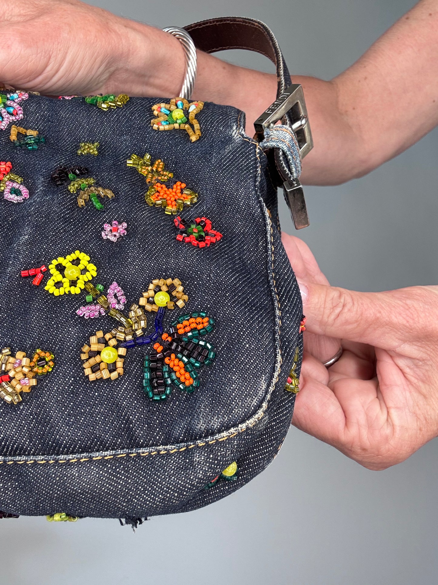 Fendi Floral Beaded Denim Baguette