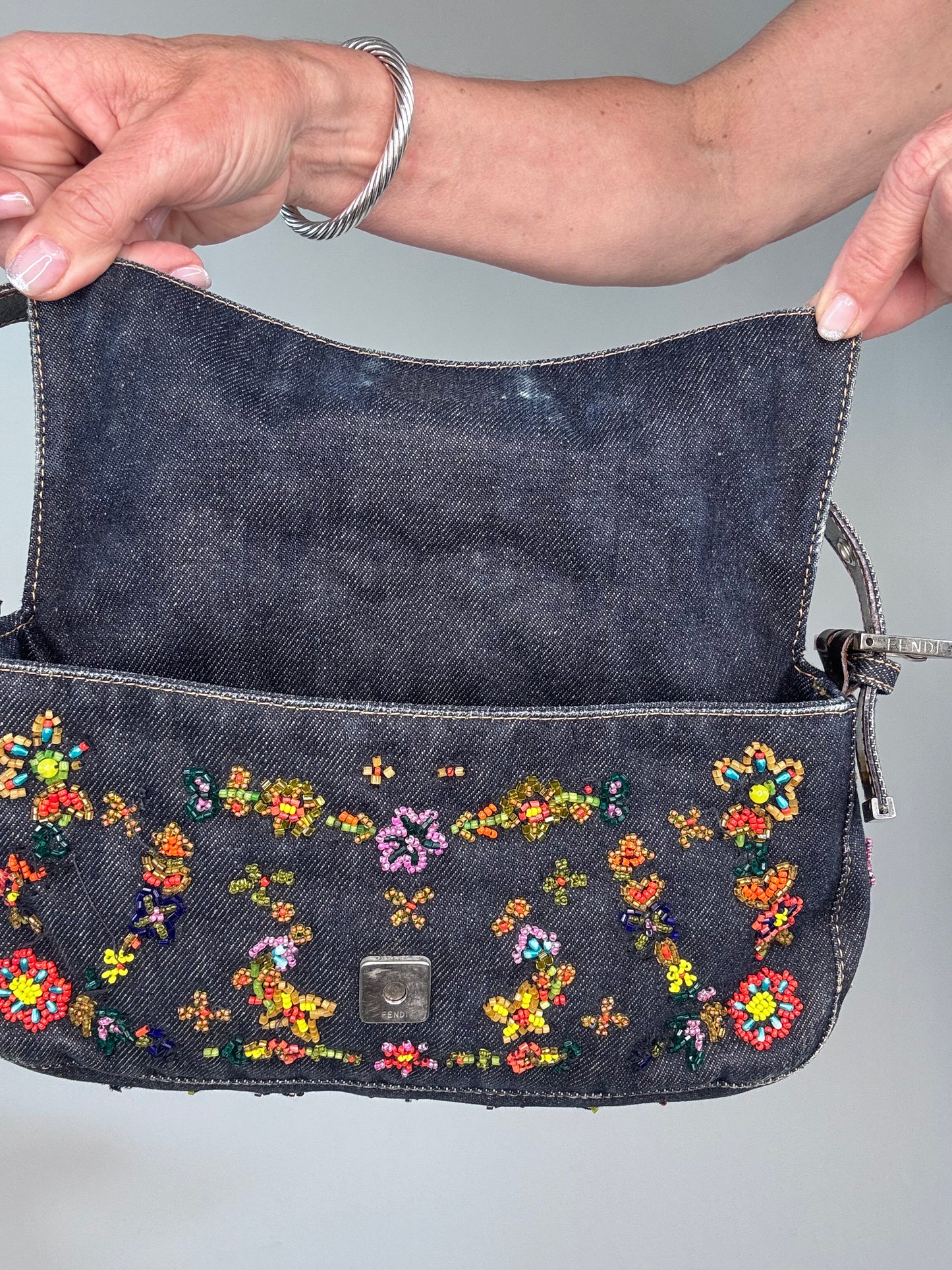 Fendi Floral Beaded Denim Baguette