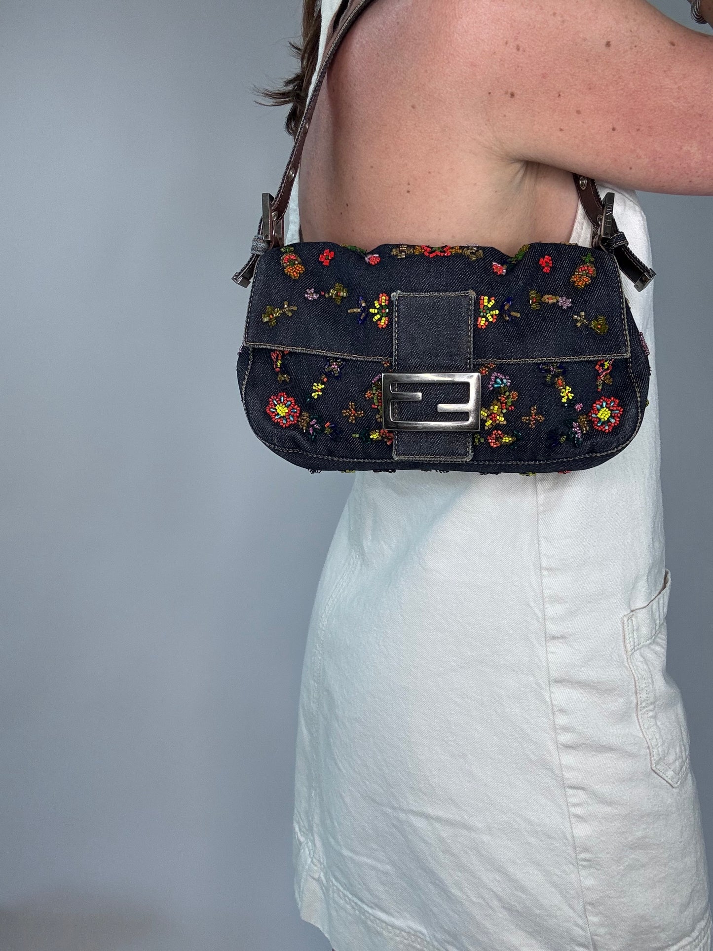 Fendi Floral Beaded Denim Baguette