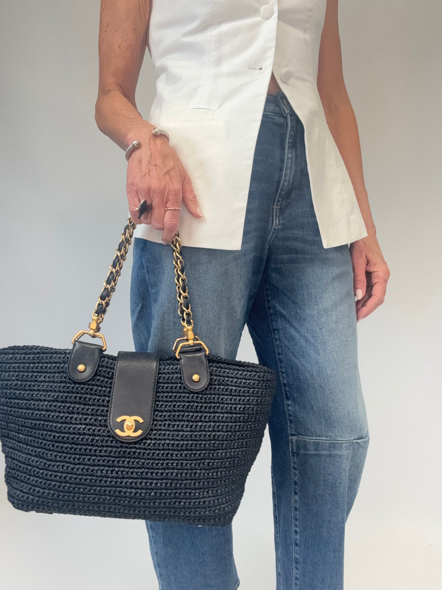 Chanel Woven Raffia Tote Bag- Black