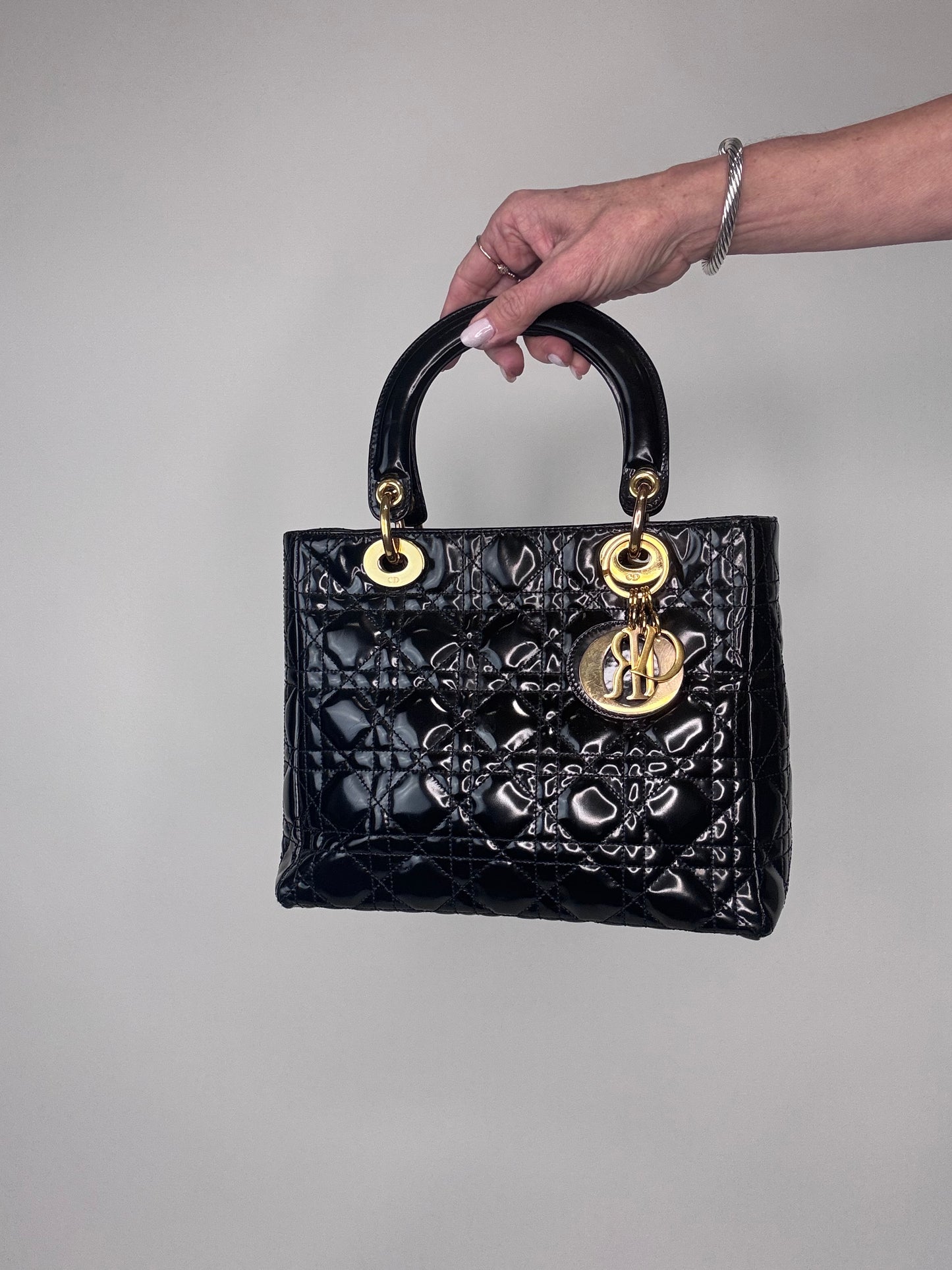 Dior Lady Cannage Enamel Black Two Way Bag