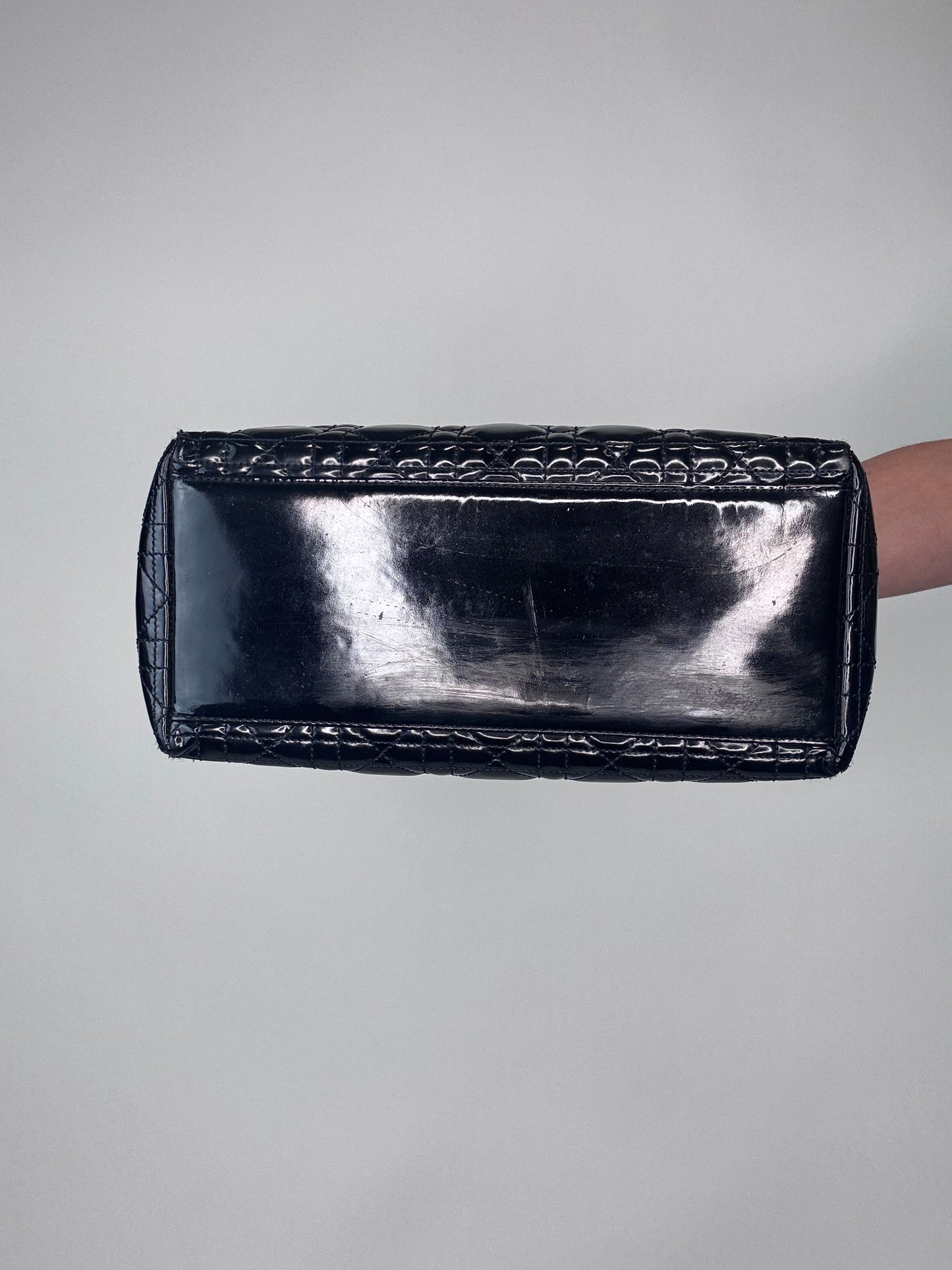 Dior Lady Cannage Enamel Black Two Way Bag