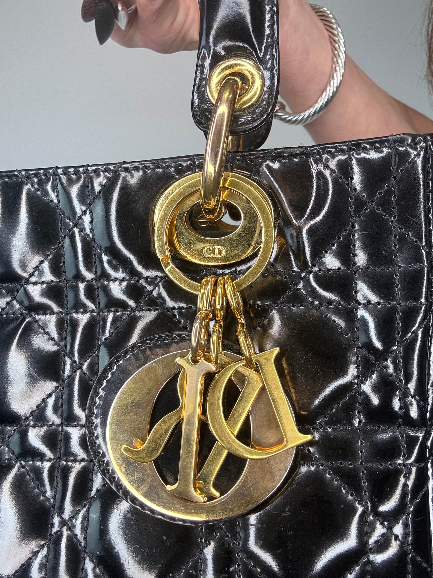Dior Lady Cannage Enamel Black Two Way Bag