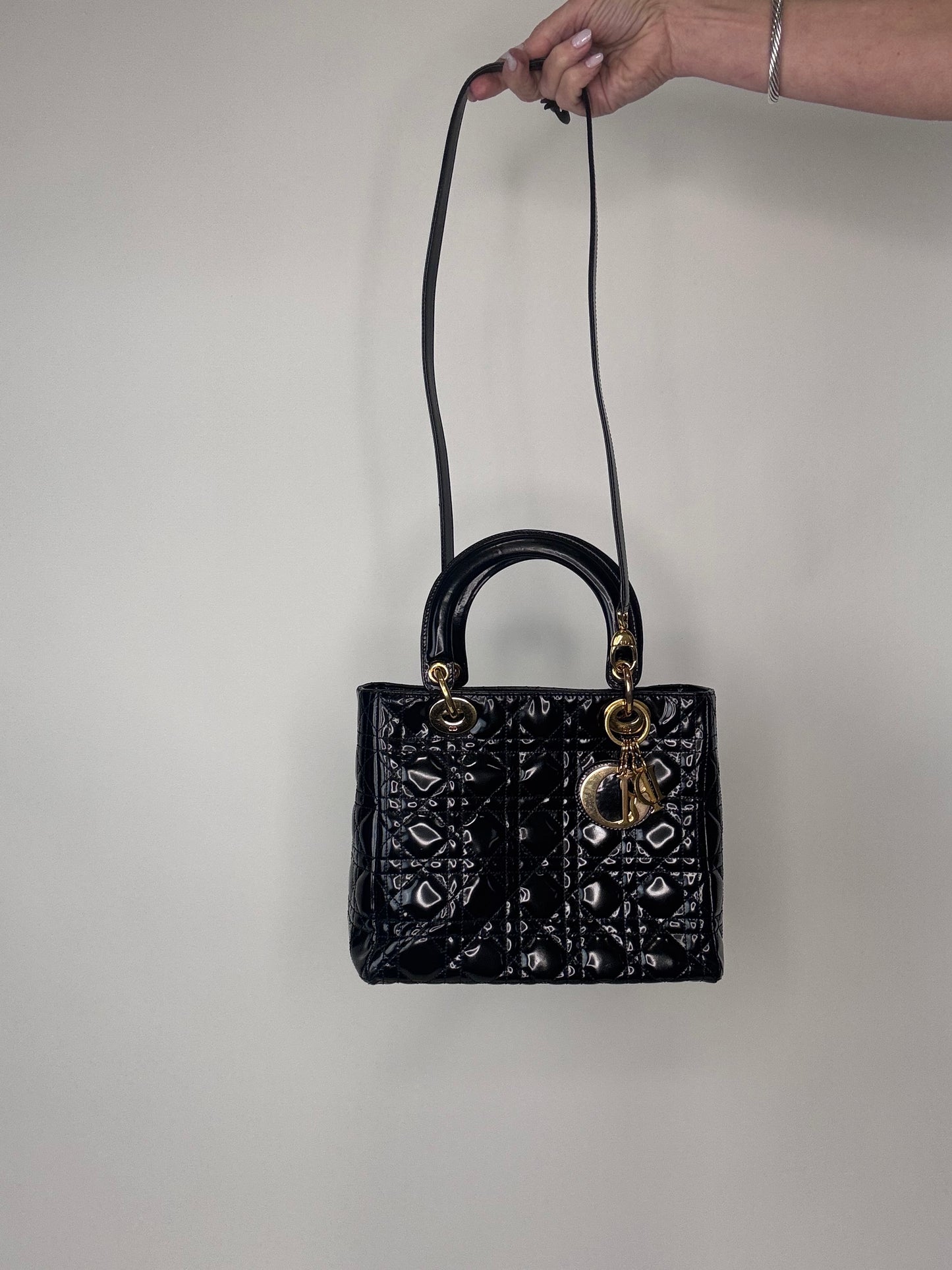 Dior Lady Cannage Enamel Black Two Way Bag