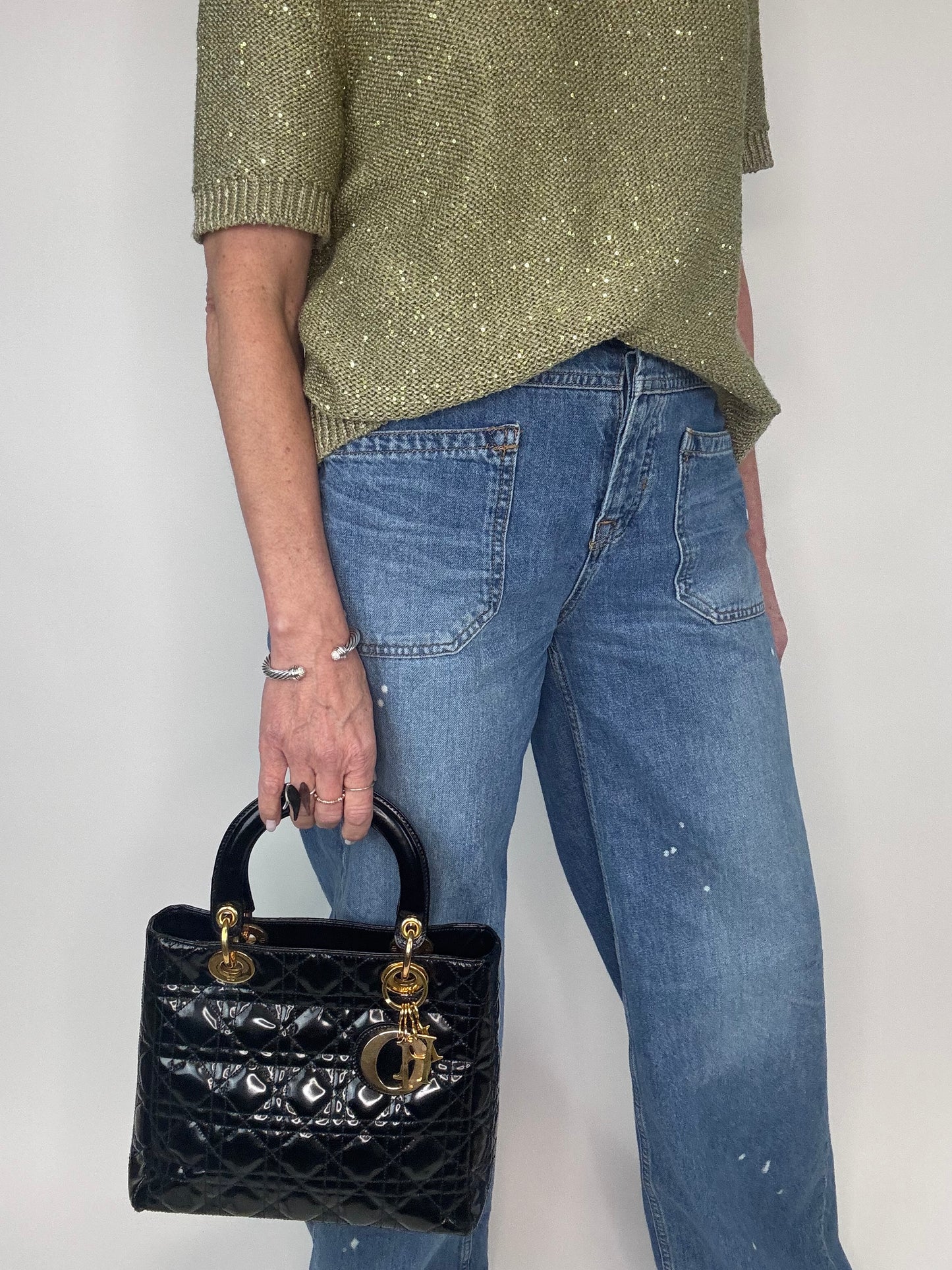 Dior Lady Cannage Enamel Black Two Way Bag