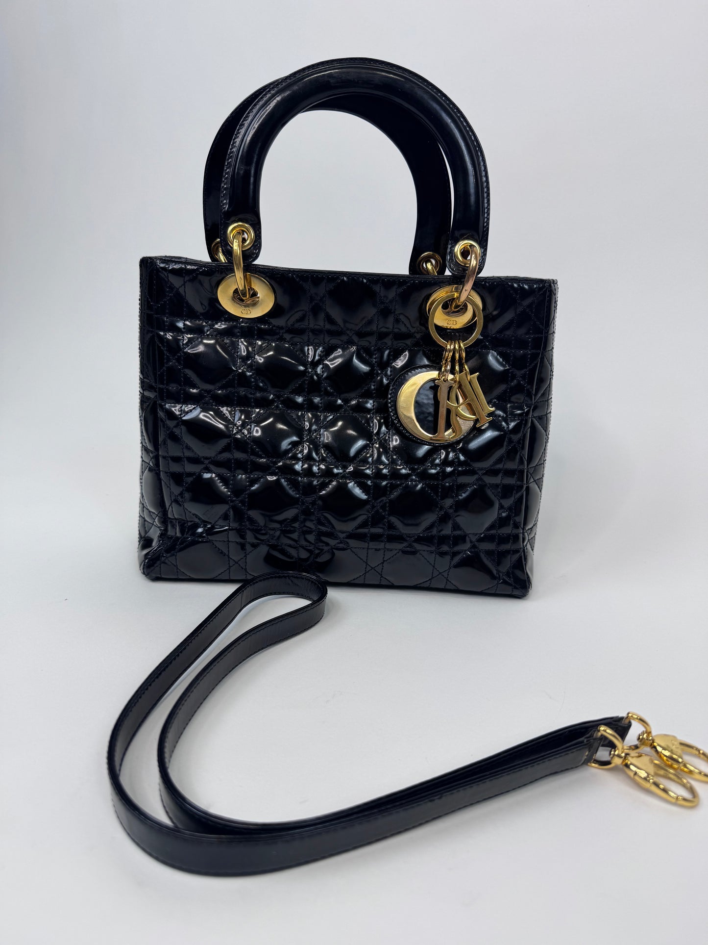 Dior Lady Cannage Enamel Black Two Way Bag