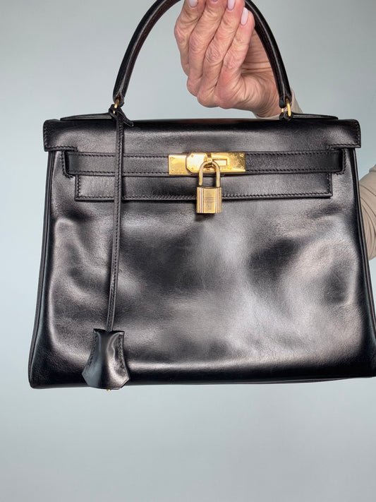 Hermes Vintage Kelly 28 Box Calfskin Leather Gold Hardware