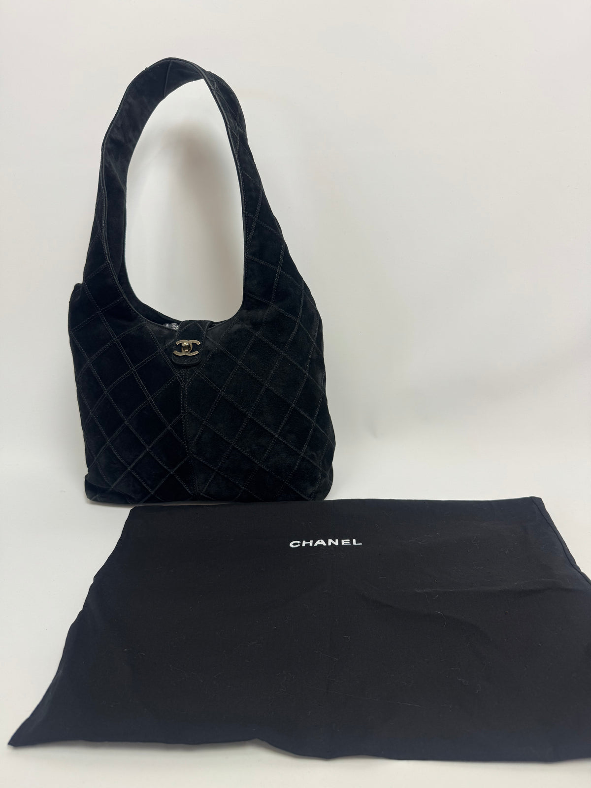 Chanel Vintage Black Quilted Suede Hobo — 2000–2002