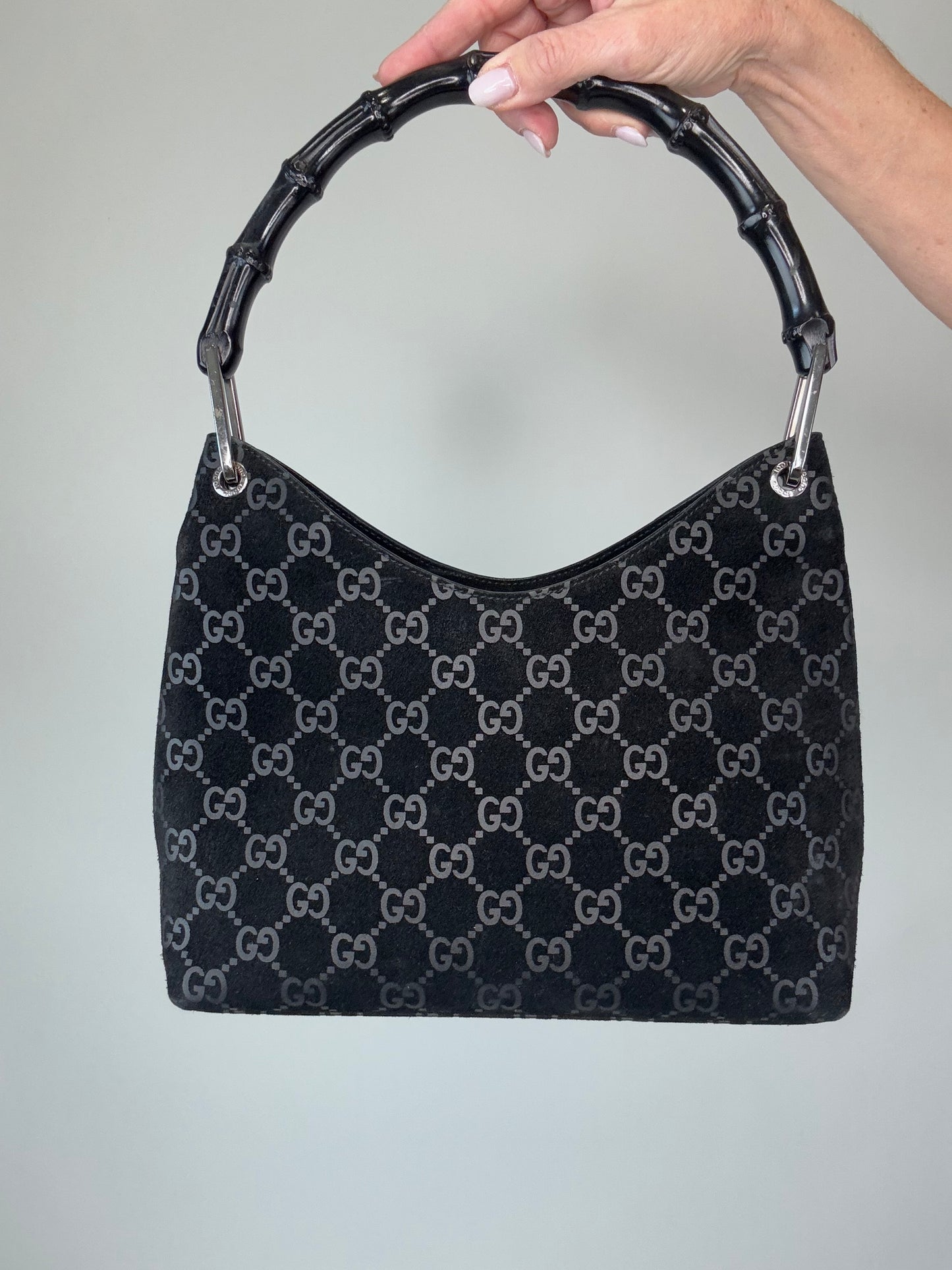 Gucci Monogram Buckskin Suede Bamboo Top Handle