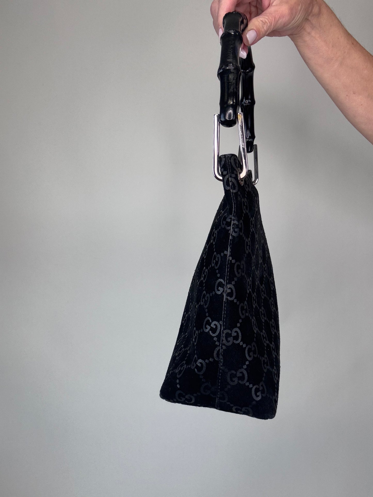 Gucci Monogram Buckskin Suede Bamboo Top Handle