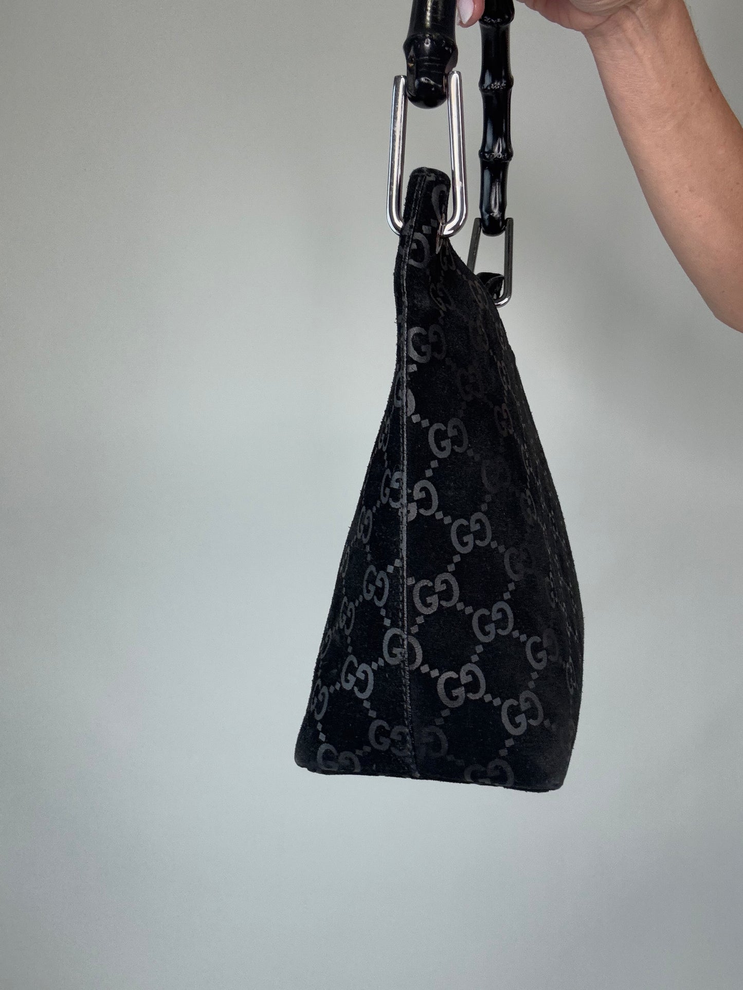 Gucci Monogram Buckskin Suede Bamboo Top Handle