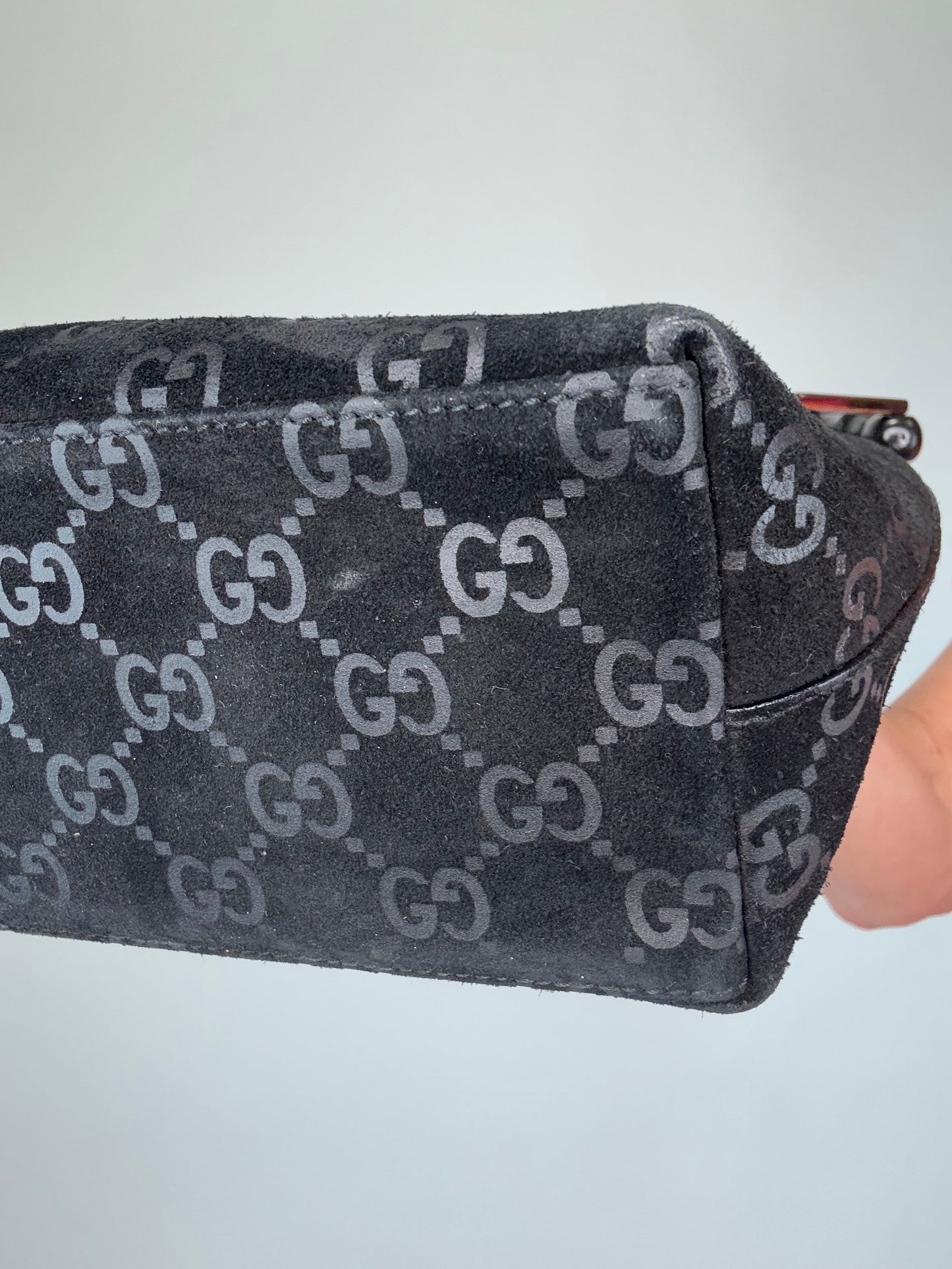 Gucci Monogram Buckskin Suede Bamboo Top Handle