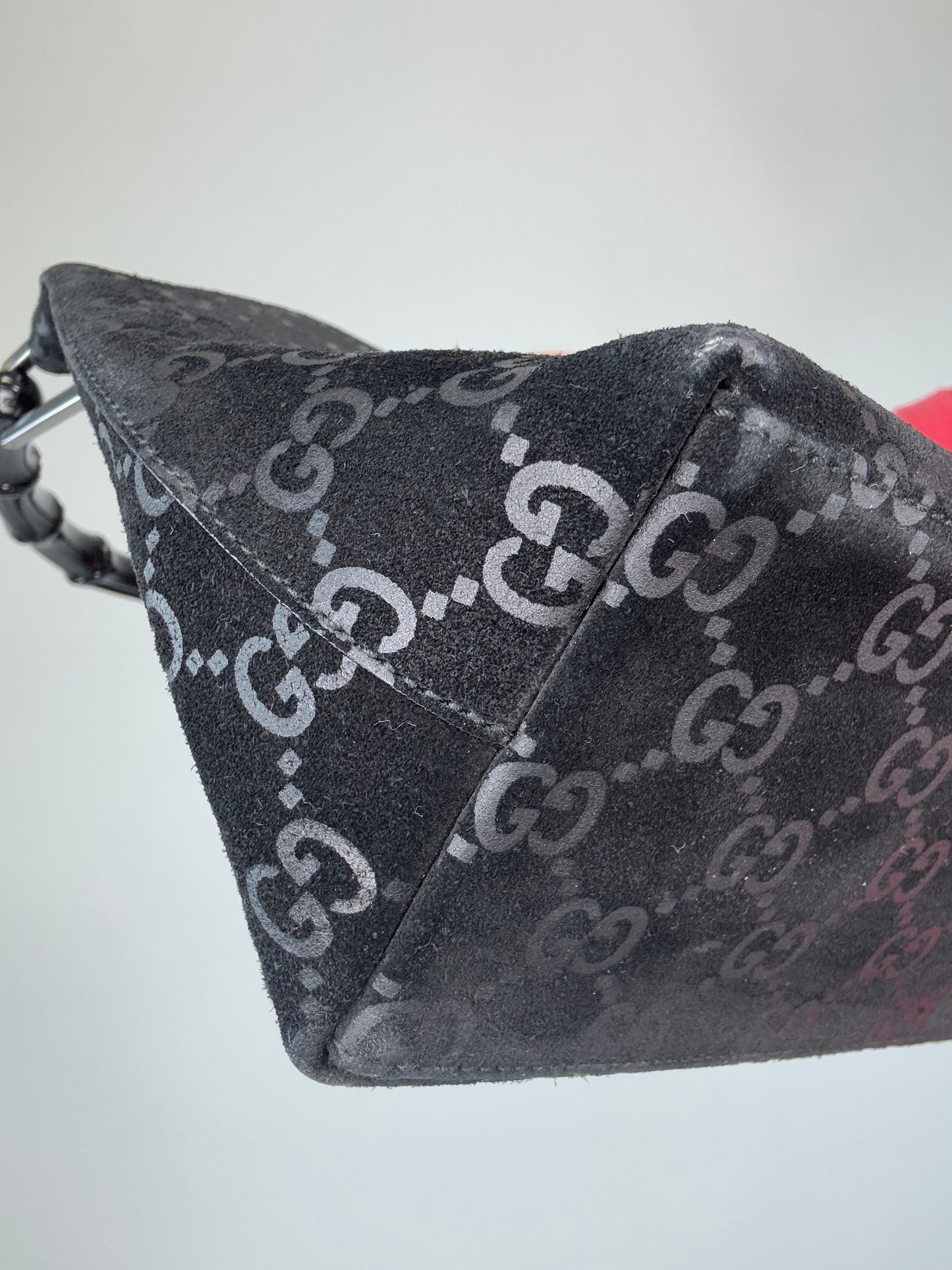 Gucci Monogram Buckskin Suede Bamboo Top Handle