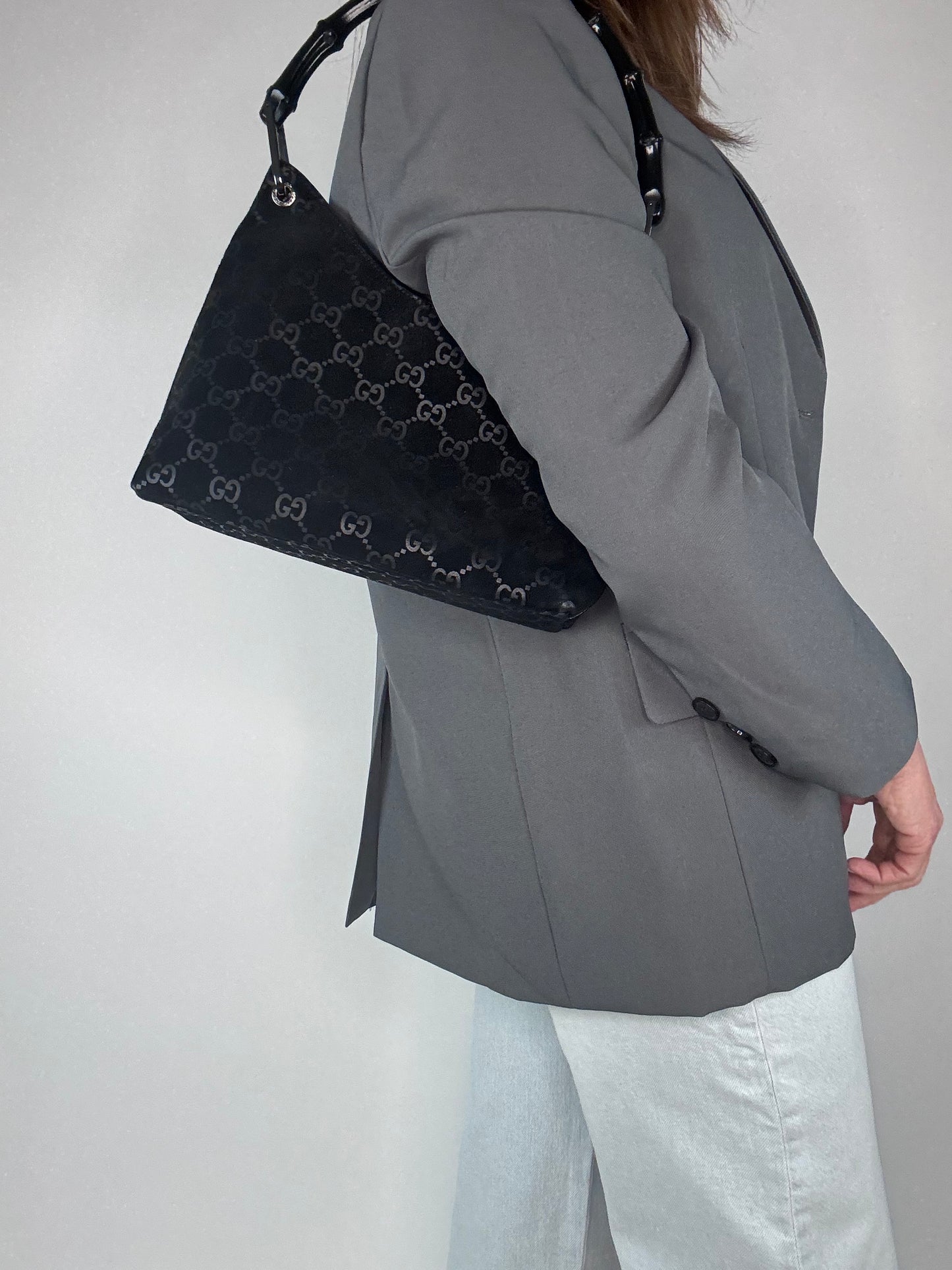 Gucci Monogram Buckskin Suede Bamboo Top Handle
