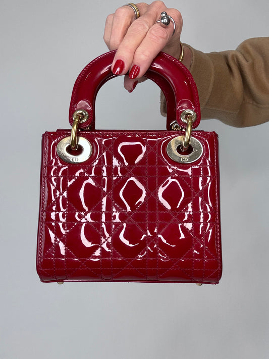 Dior Mini Cannage Lady Two Way Cherry Red Patent Leather