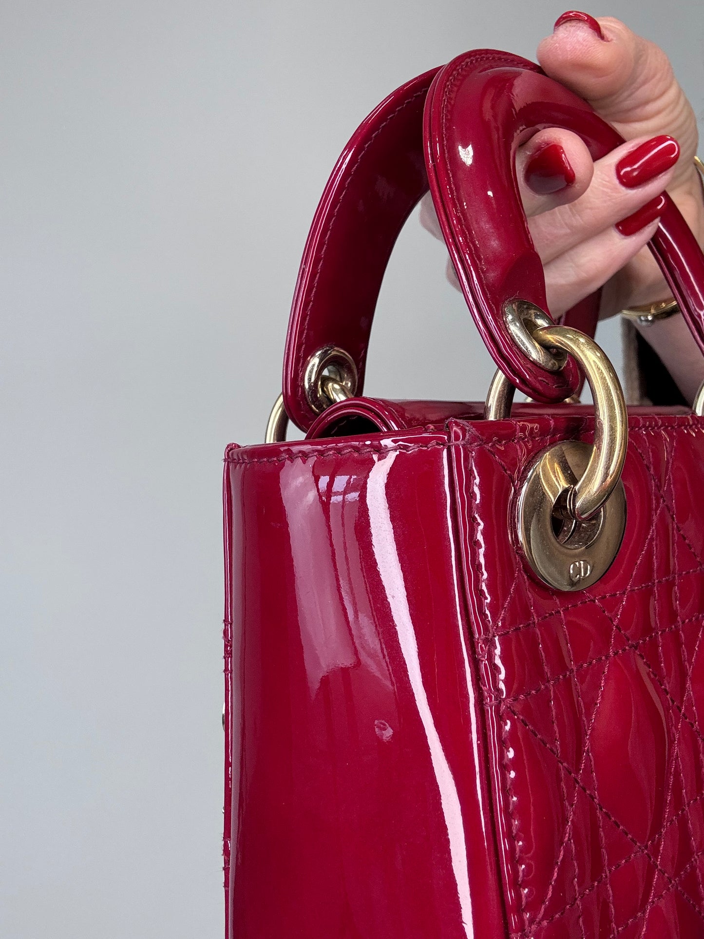 Dior Mini Cannage Lady Two Way Cherry Red Patent Leather