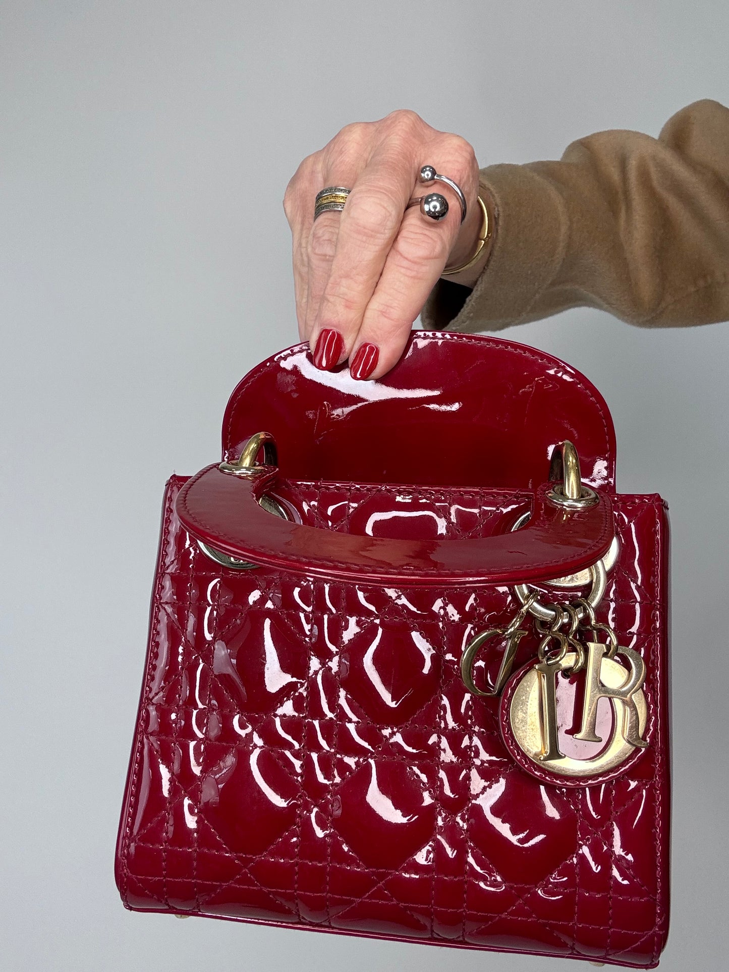Dior Mini Cannage Lady Two Way Cherry Red Patent Leather