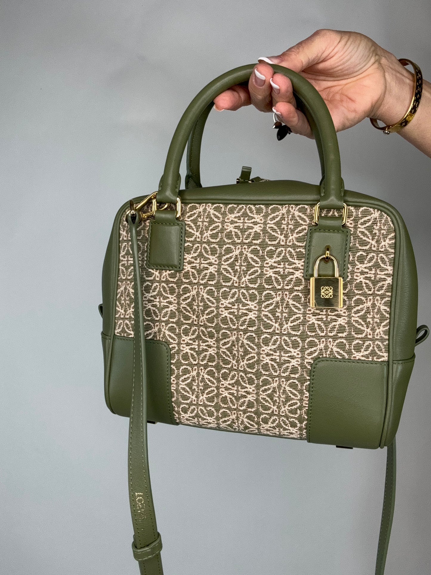 Loewe Amazona 19 Square Anagram Jacquard and Leather Top Handle Bag - Avocado Green