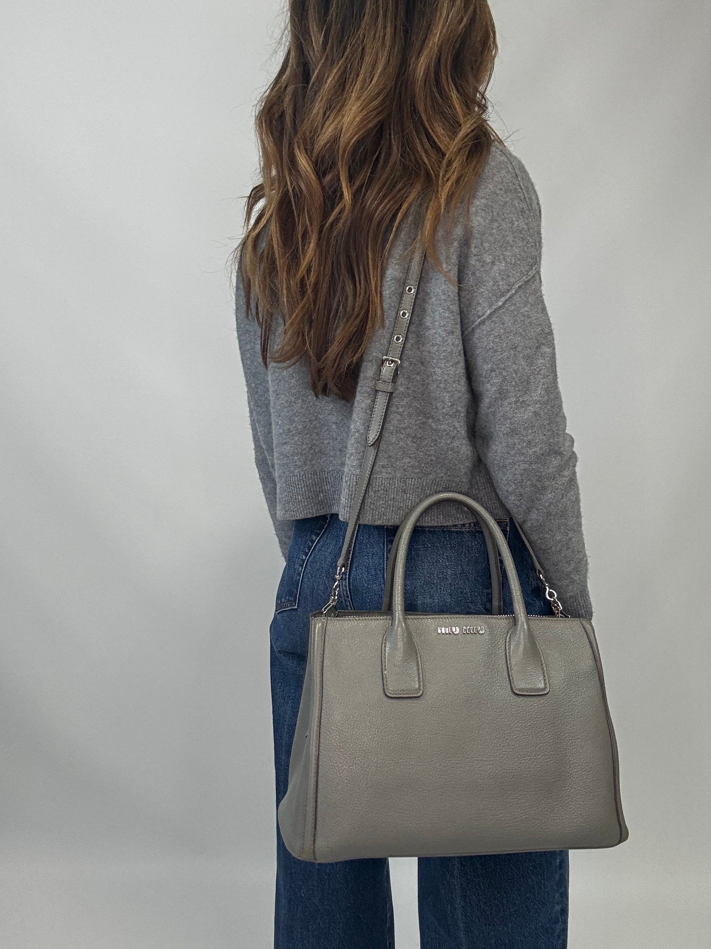 Miu Miu Leather Two Way Tote Bag - Gray