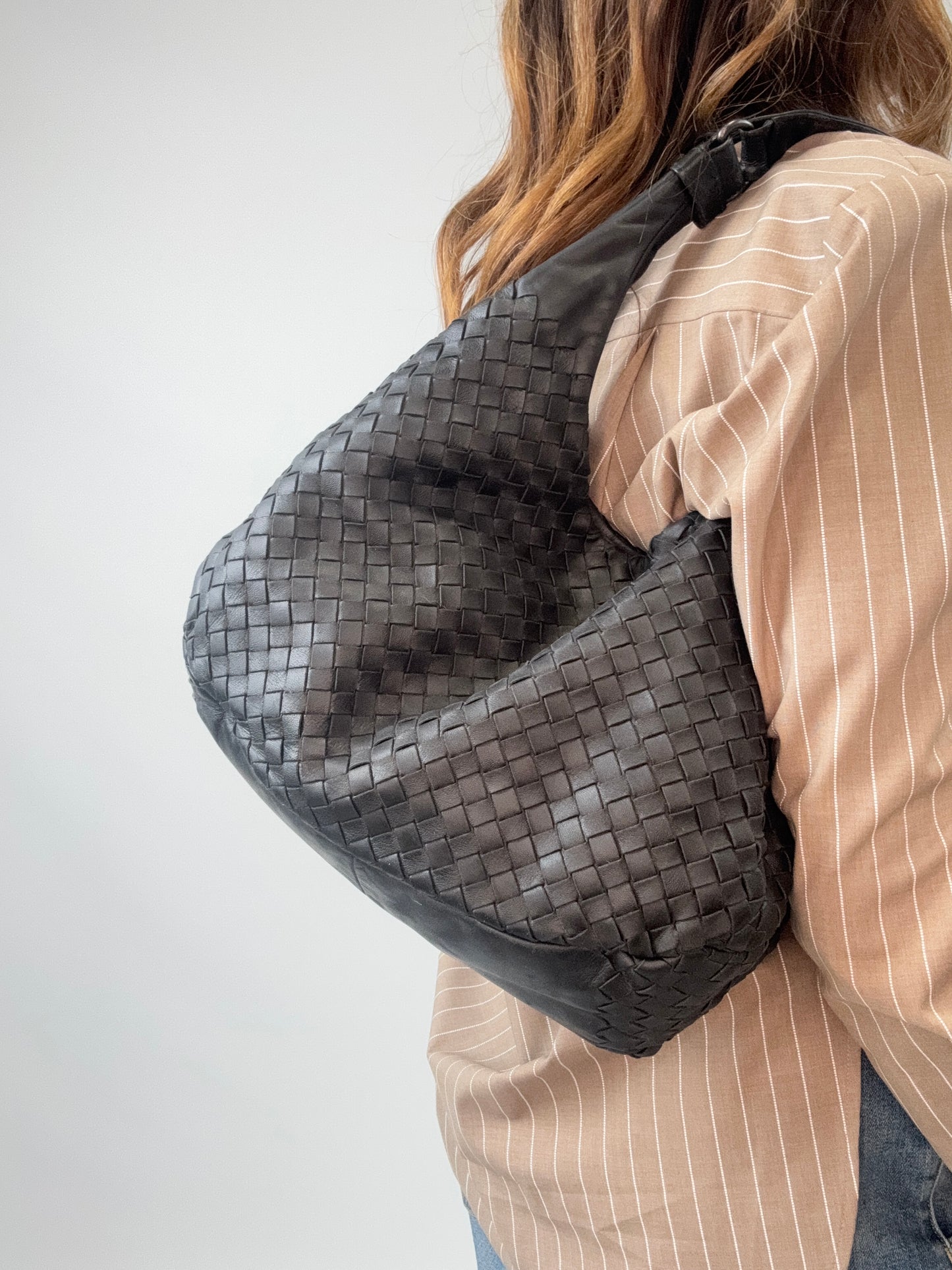 Bottega Veneta Intrecciato Campana Hobo Bag modeled