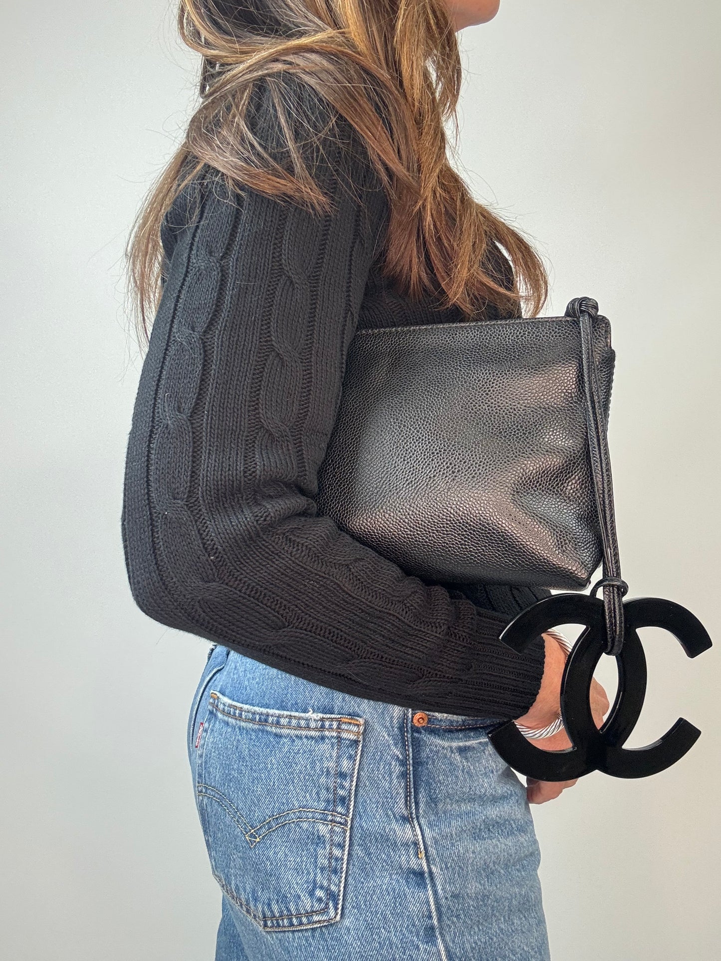 Chanel Black Caviar Resin Oversized XL CC Clutch modeled 2
