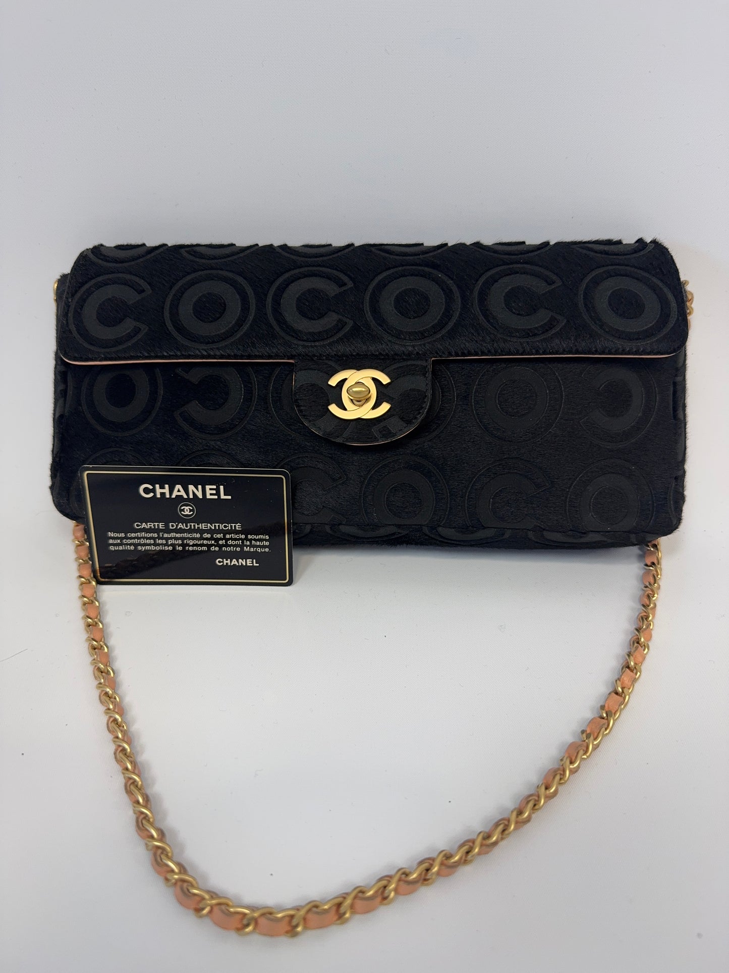 Chanel Black Pony Hair Coco East West Flap Bag with authenticity card