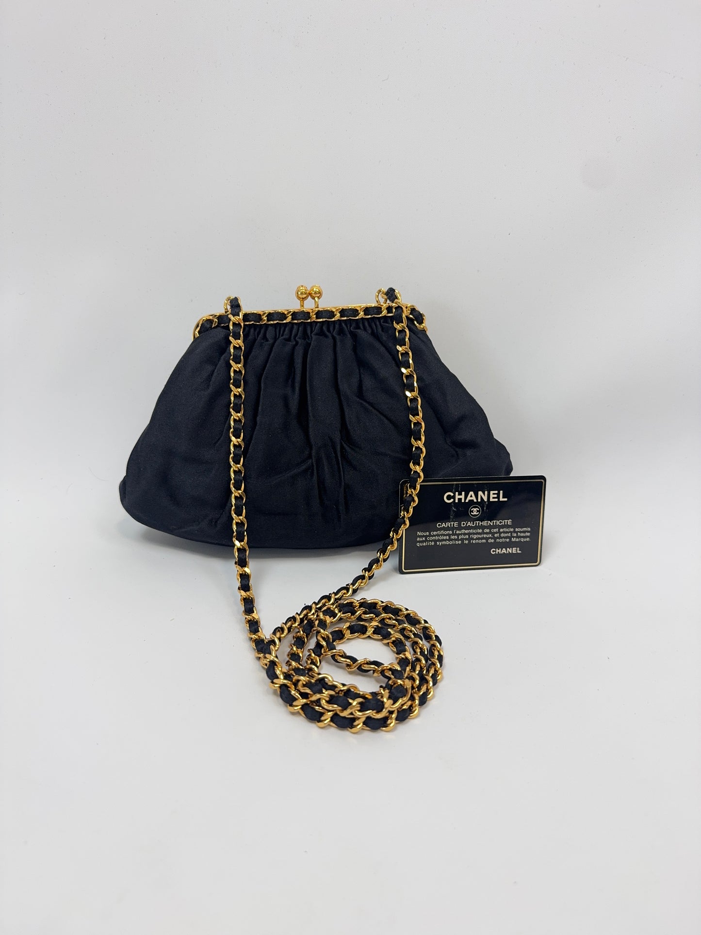 Chanel Satin Kiss Lock Shoulder Bag with authenticity card