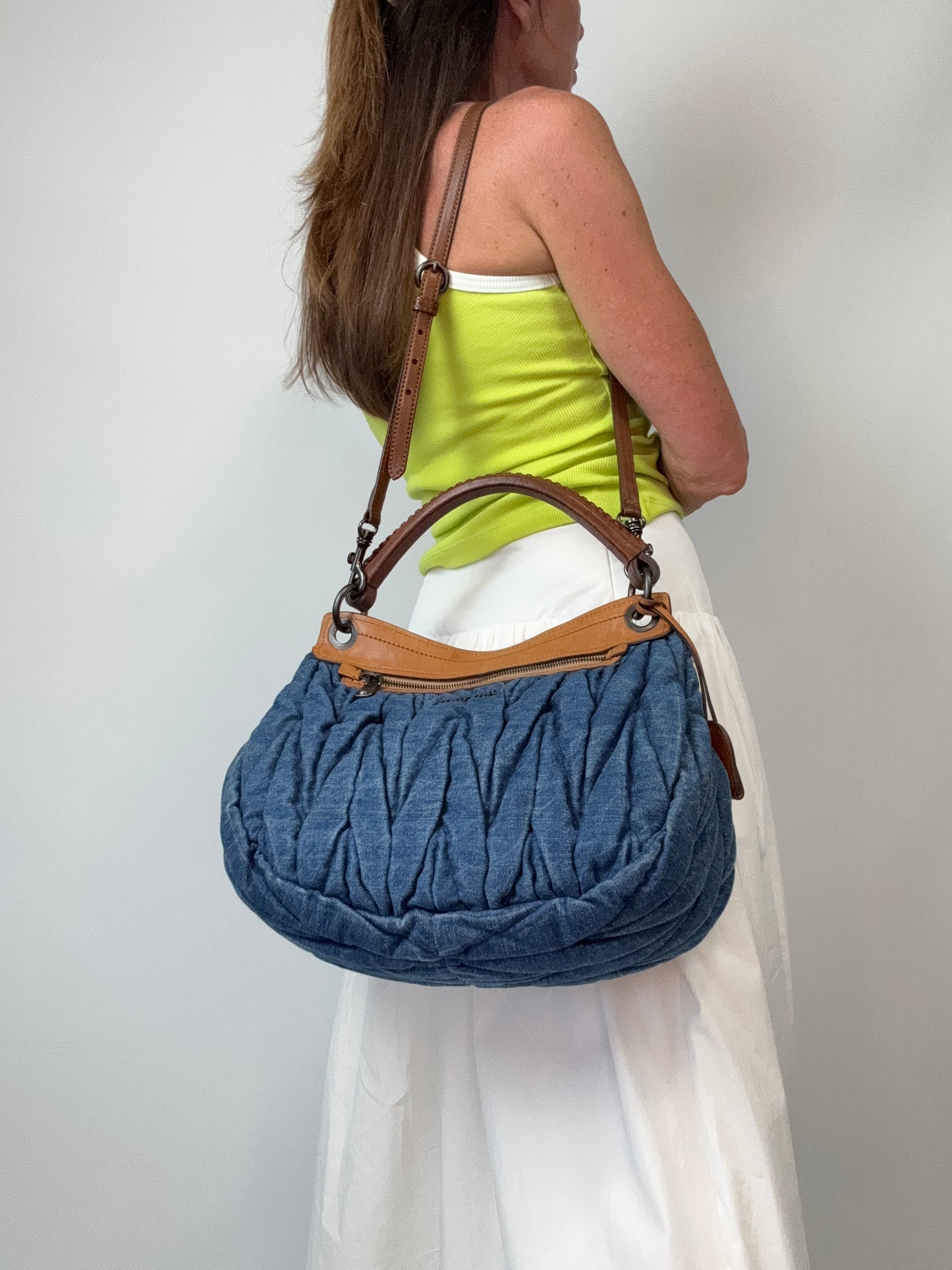 Miu Miu Blue & Brown Matelasse Denim and Leather Hobo modeled 3
