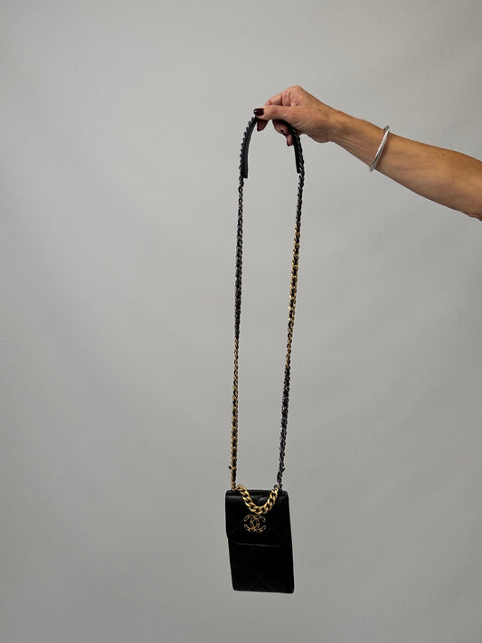 Chanel 19 Lambskin Quilted Phone Holder w/Chain - Black