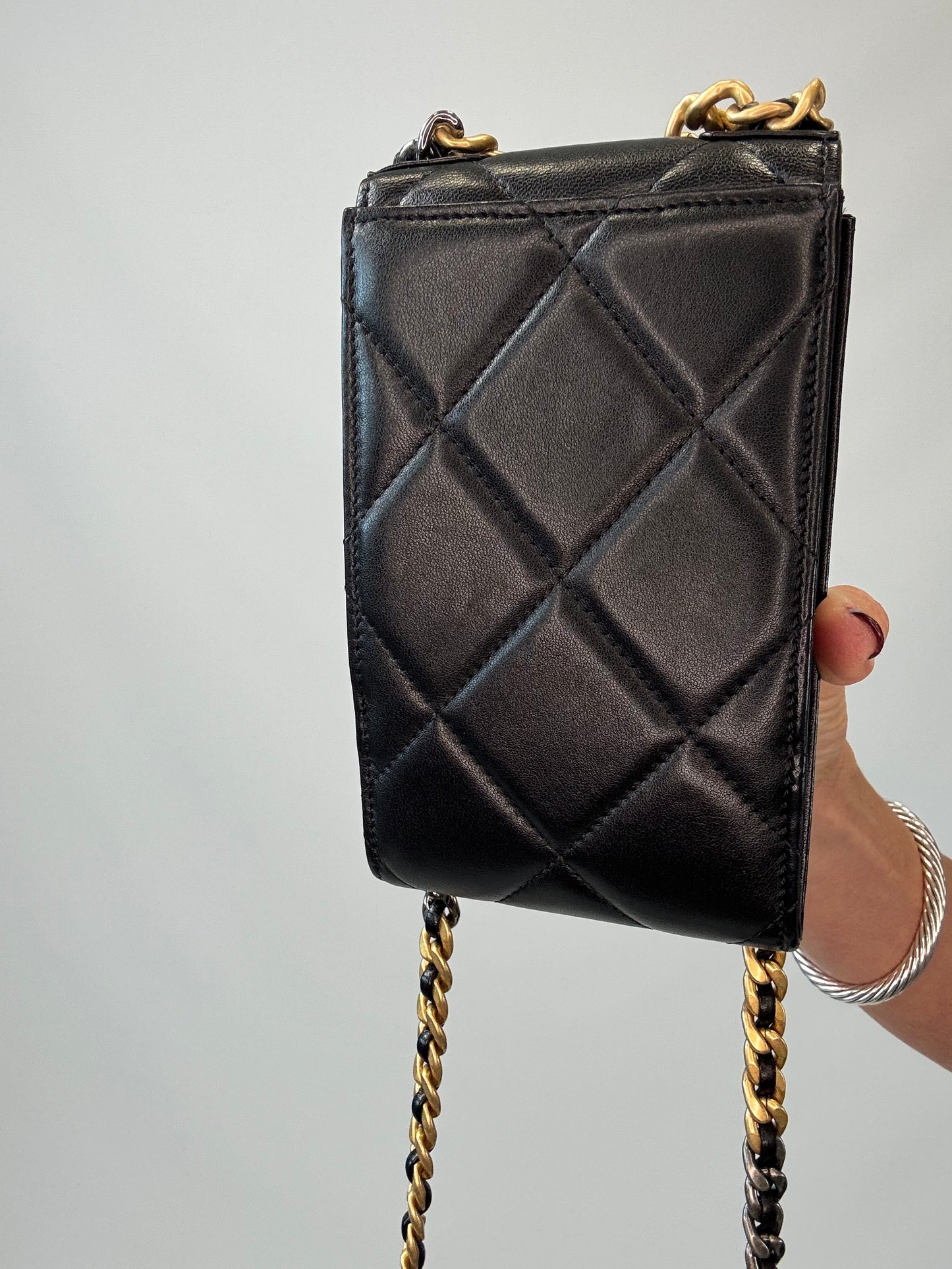 Chanel 19 Lambskin Quilted Phone Holder w/Chain - Black