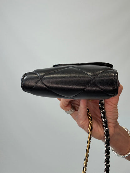 Chanel 19 Lambskin Quilted Phone Holder w/Chain - Black