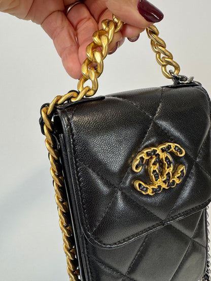 Chanel 19 Lambskin Quilted Phone Holder w/Chain - Black