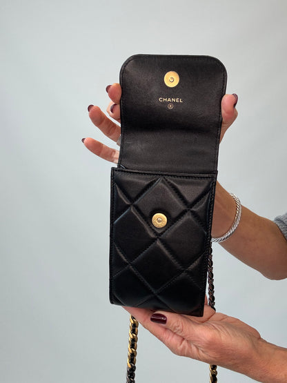 Chanel 19 Lambskin Quilted Phone Holder w/Chain - Black
