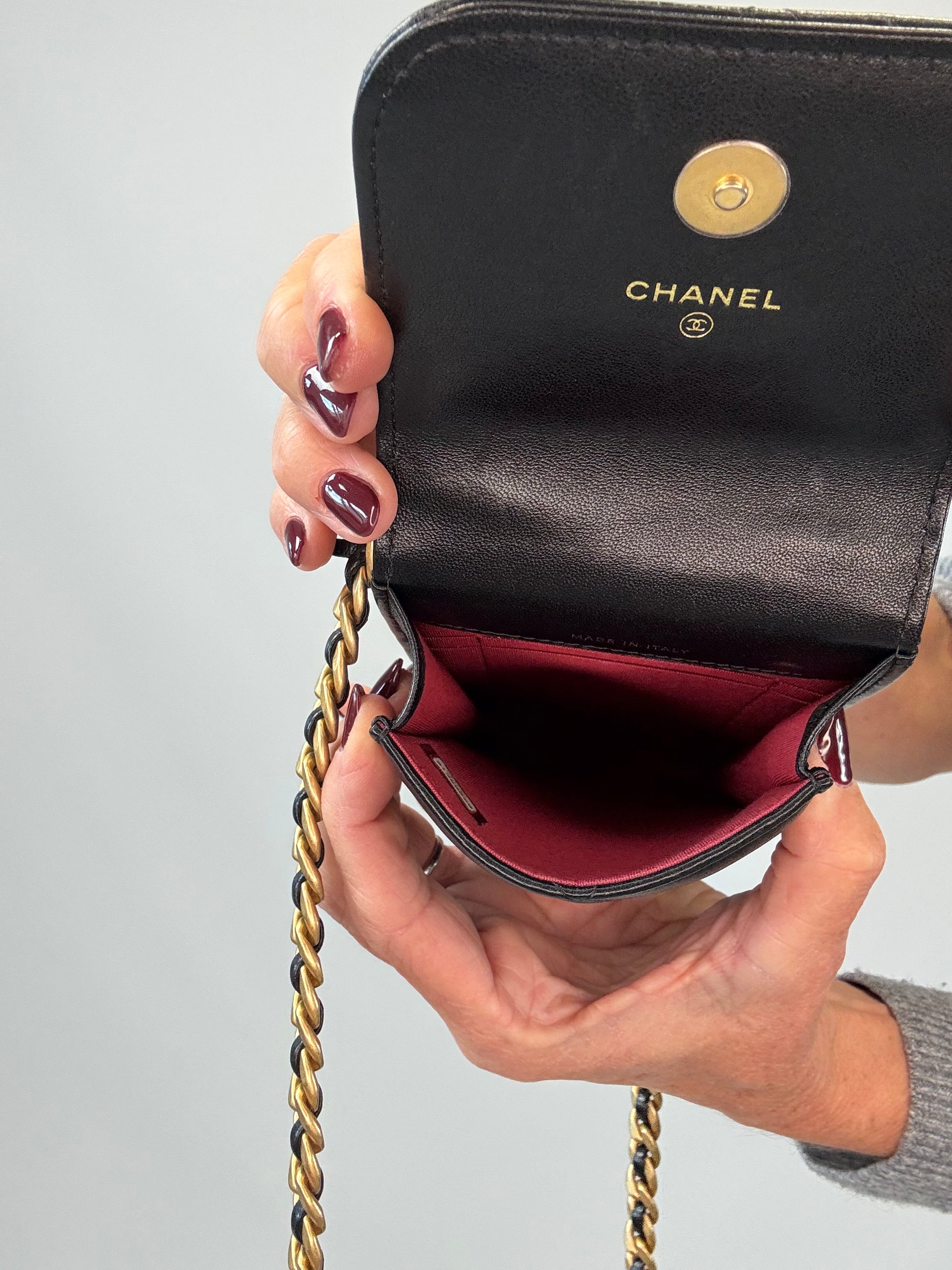 chanel mini phone holder backpack Chanel 19 Lambskin Quilted Phone Holder w/Chain
