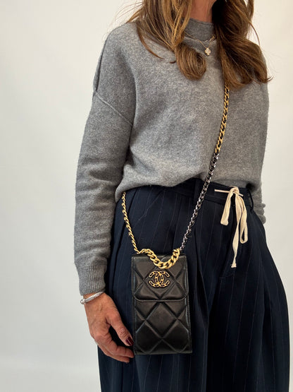 Chanel 19 Lambskin Quilted Phone Holder w/Chain - Black