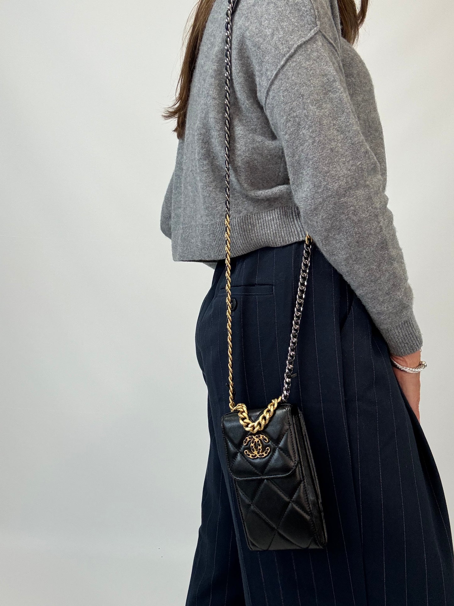 Chanel 19 Lambskin Quilted Phone Holder w/Chain - Black