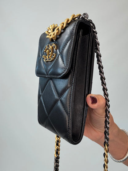 Chanel 19 Lambskin Quilted Phone Holder w/Chain - Black