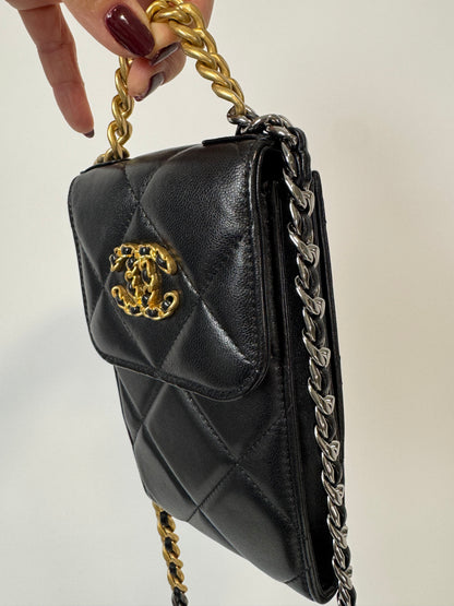 Chanel 19 Lambskin Quilted Phone Holder w/Chain - Black