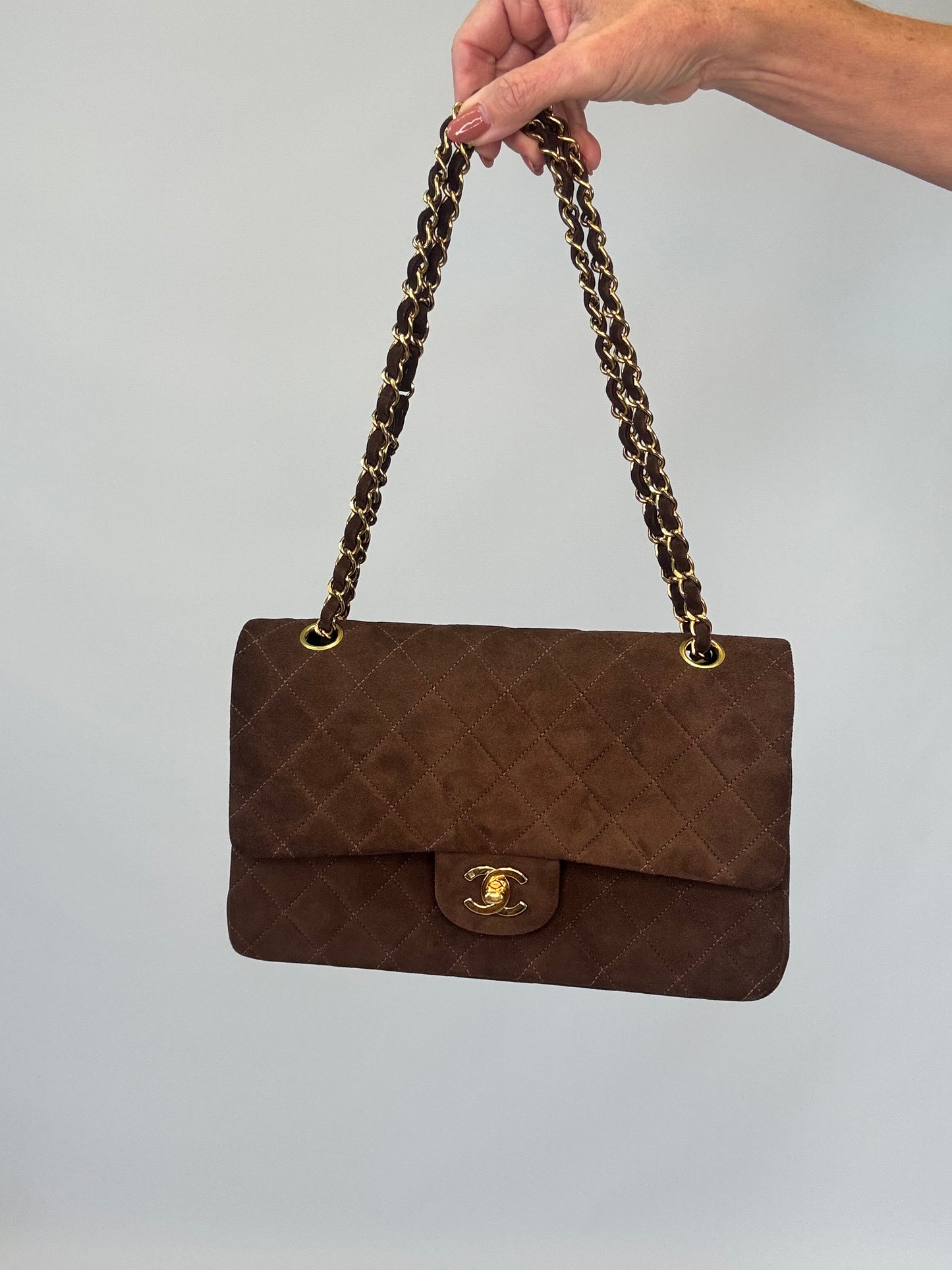 Chanel Brown Quilted Suede Double Flap - Vintage